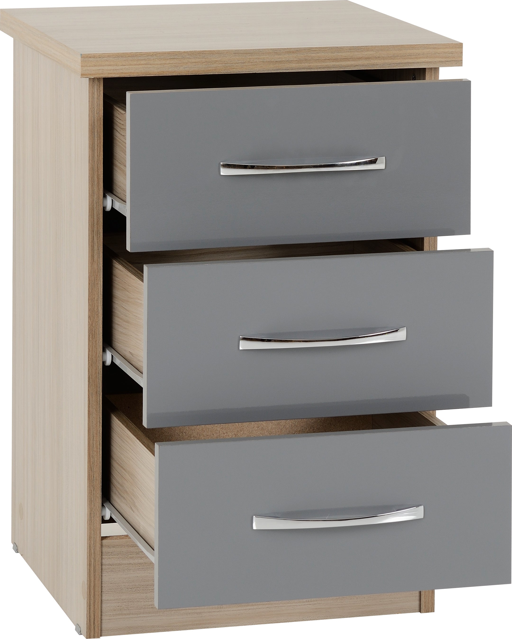 Nevada 3 Drawer Bedside Chest Grey Gloss/Light Oak Effect Veneer