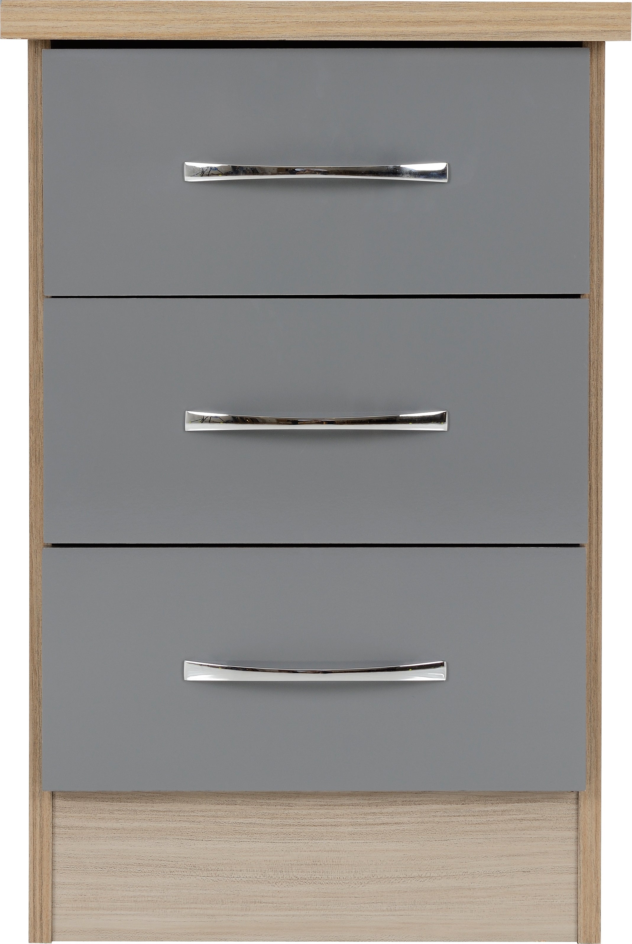 Nevada 3 Drawer Bedside Chest Grey Gloss/Light Oak Effect Veneer