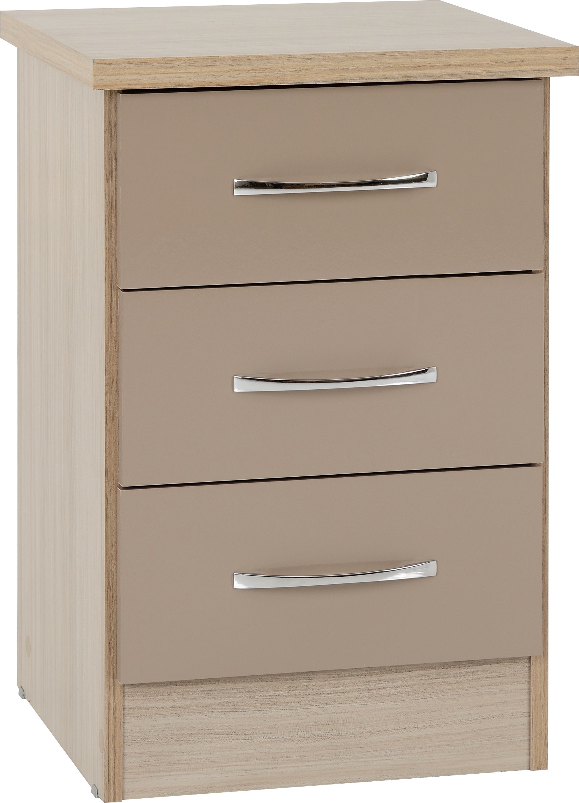 Nevada 3 Drawer Bedside Chest Oyster Gloss/Light Oak Effect Veneer