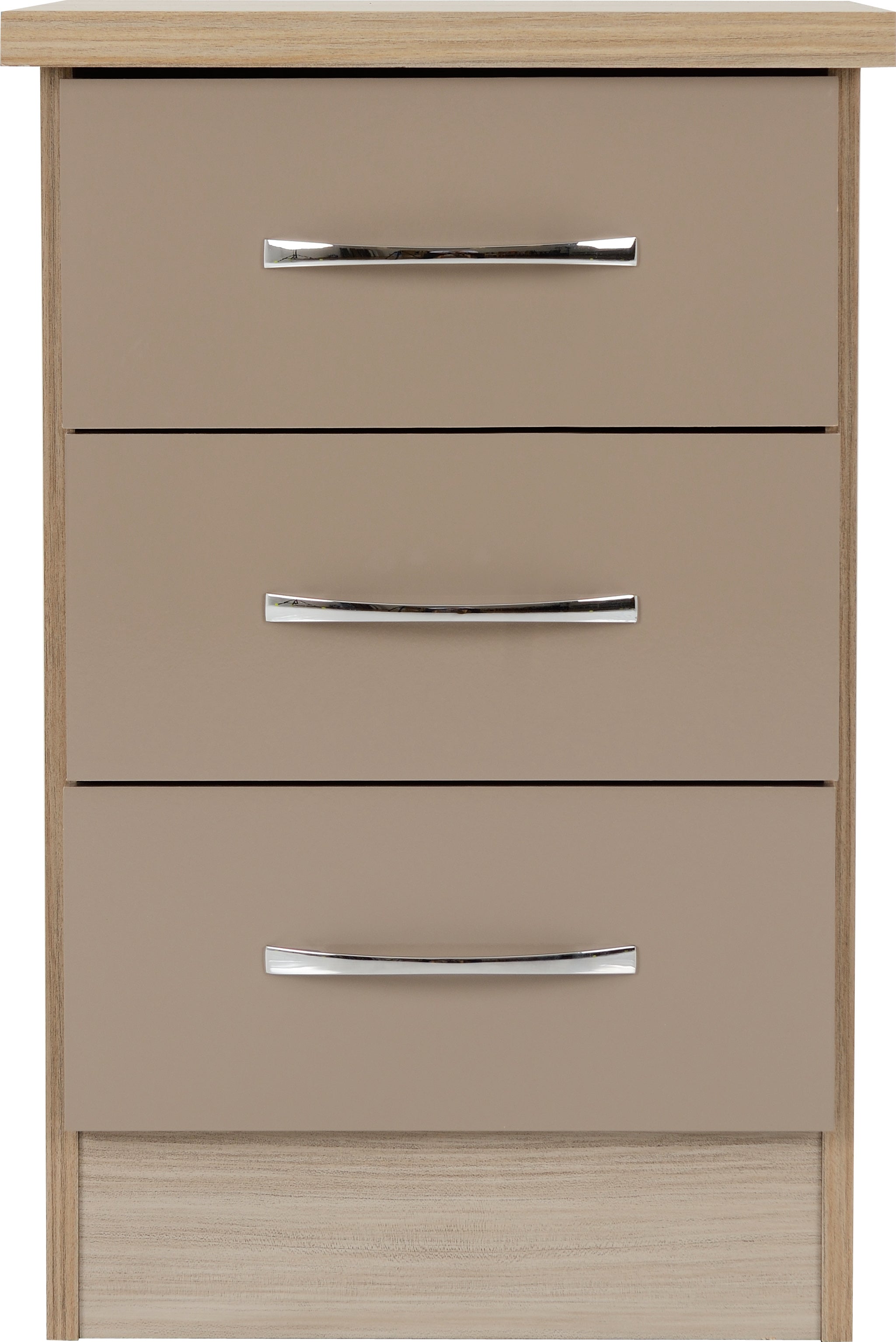 Nevada 3 Drawer Bedside Chest Oyster Gloss/Light Oak Effect Veneer