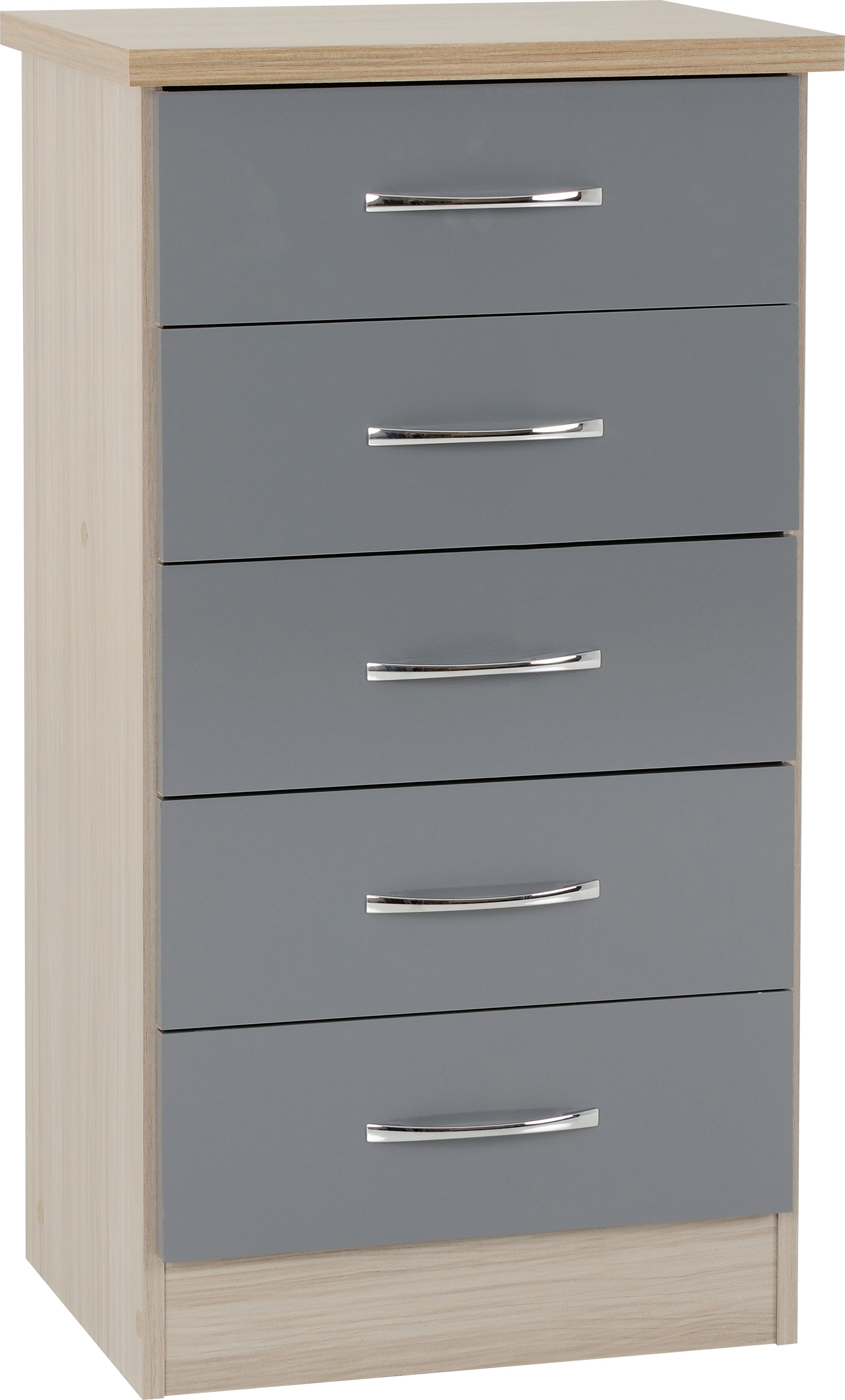 Nevada 5 Drawer Narrow Chest Grey Gloss/Light Oak Effect Veneer