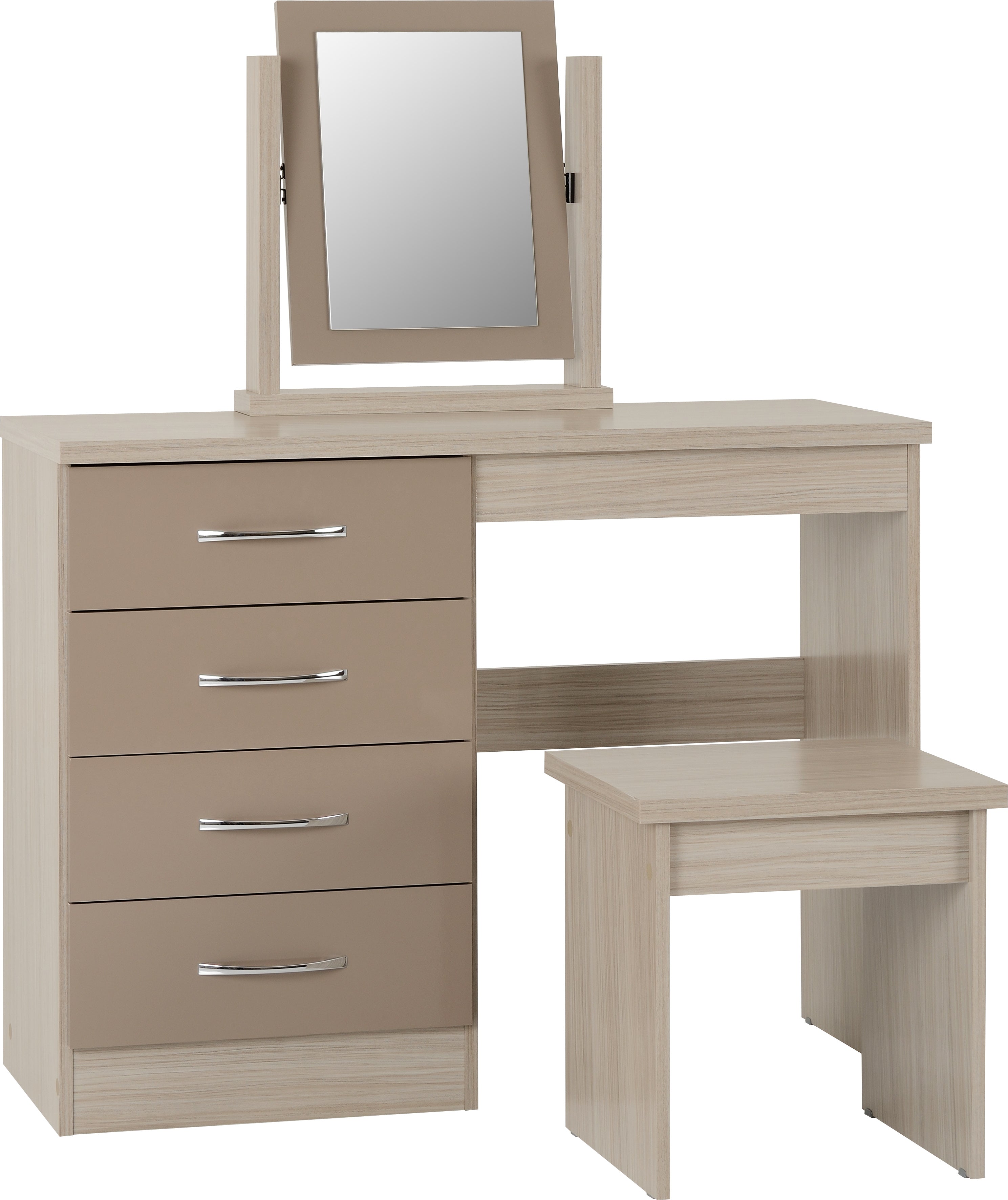 Nevada 4 Drawer Dressing Table Set Oyster Gloss/Light Oak Effect Veneer