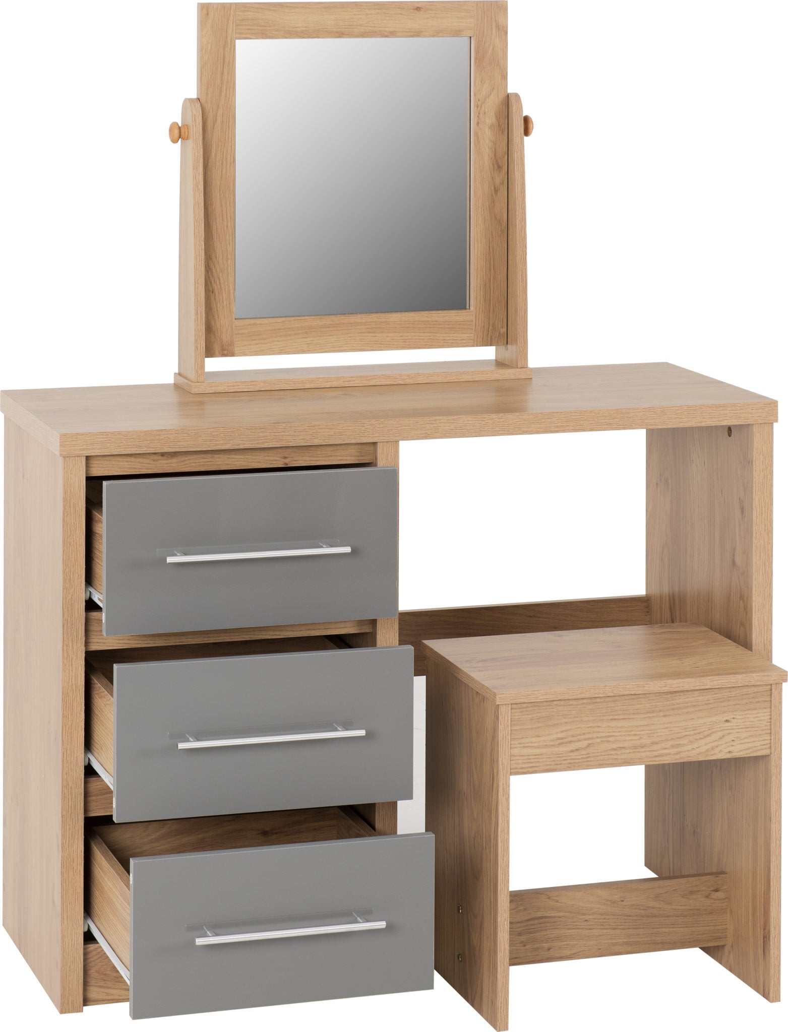 Seville 3 Drawer Dressing Table Set Grey High Gloss/Light Oak Effect Veneer