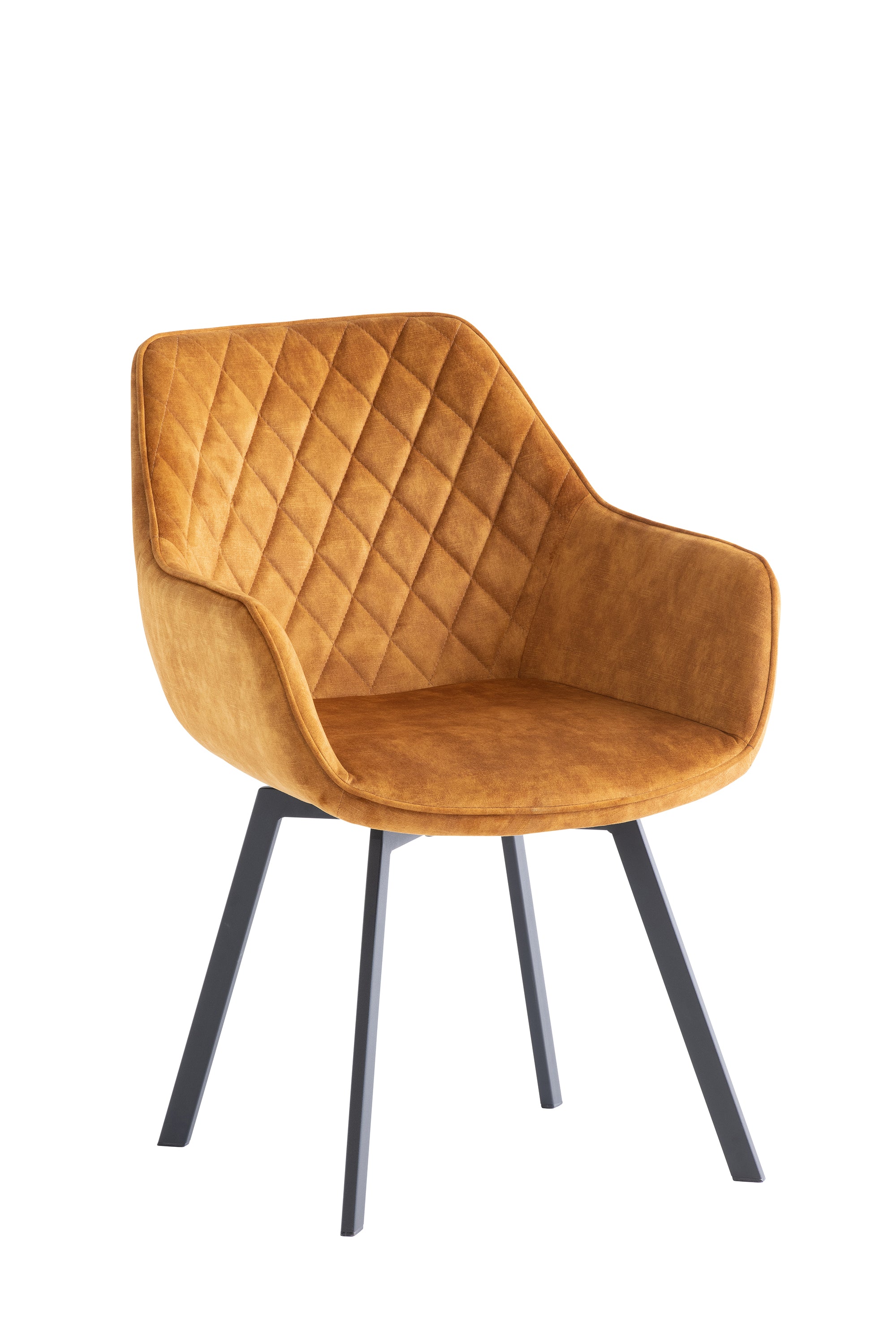 pair of fabric scroll back dining chairs