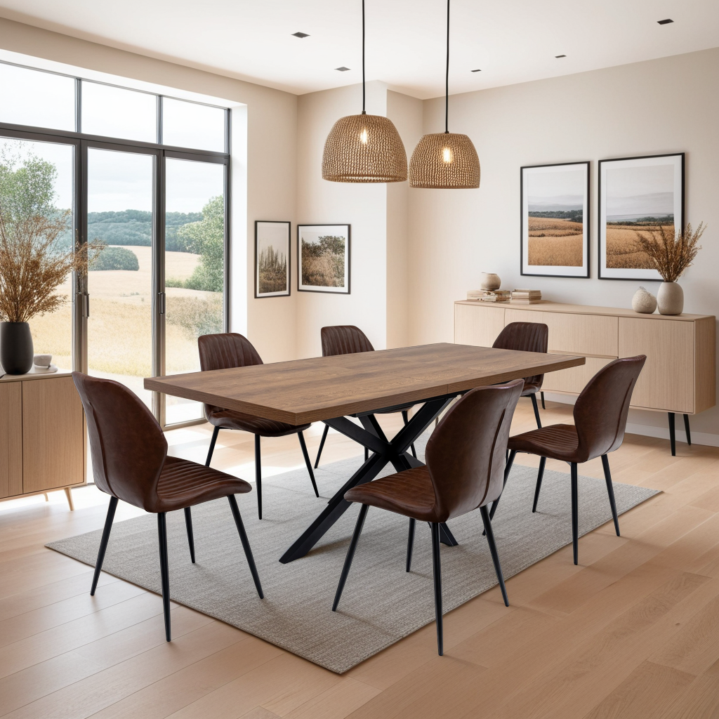Chloe 1.6m extendable dining table in dark oak with X-frame legs