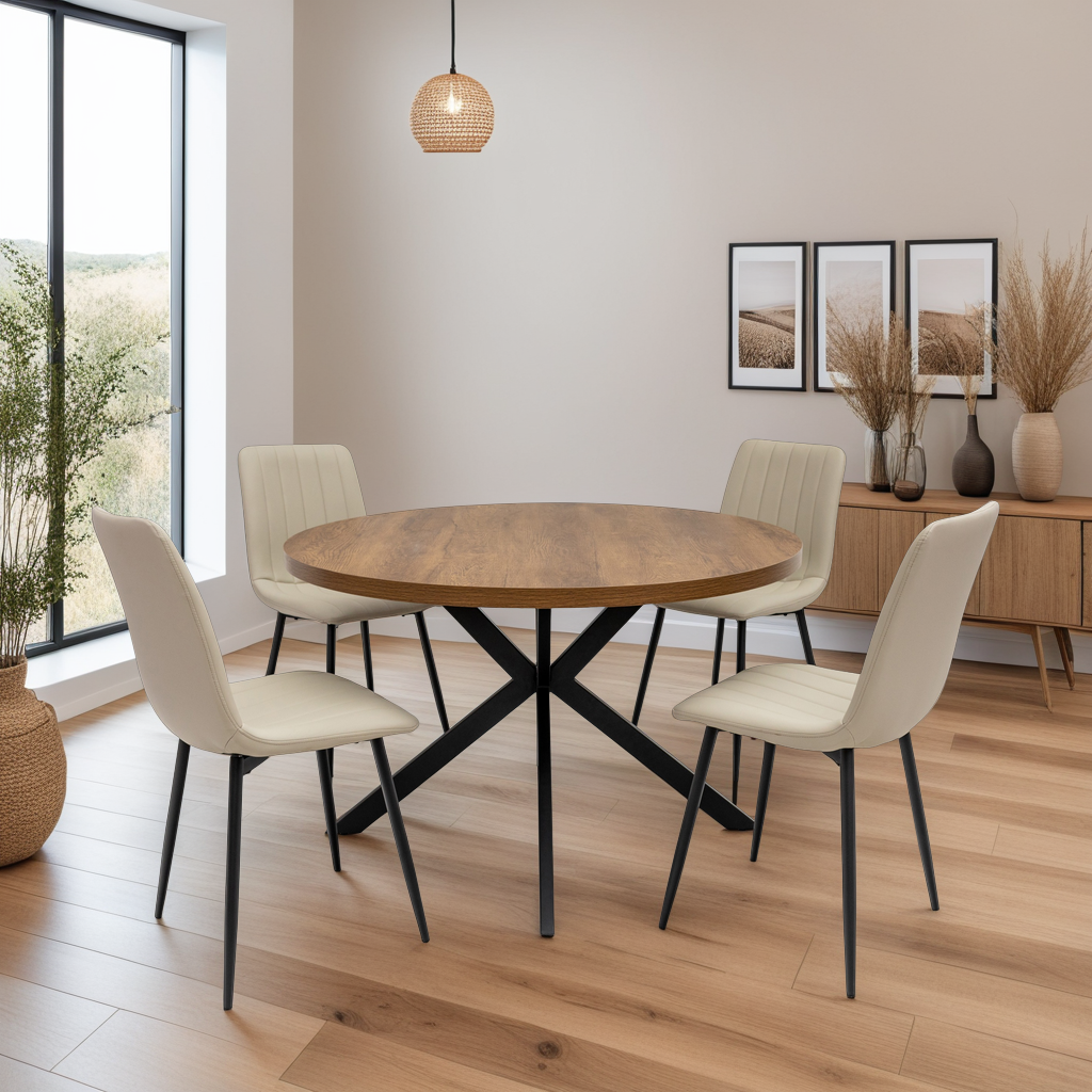 Chloe round dining table styled in a contemporary dining room