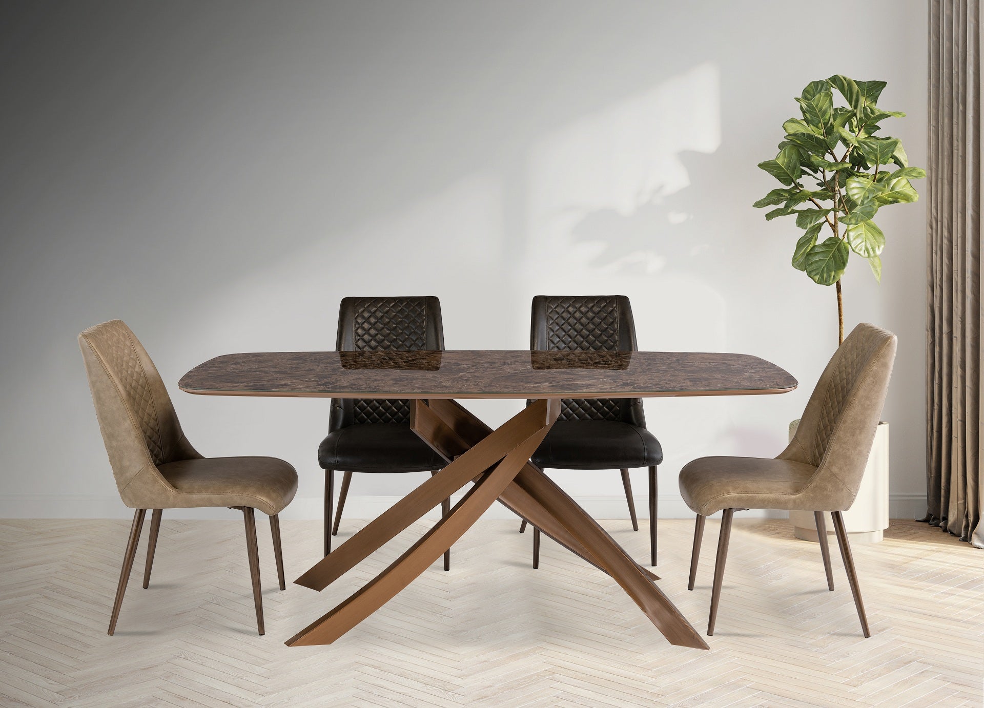 Dexter 1.8m Dining Table - Brown Marble Glass / Brushed Brass Leg
