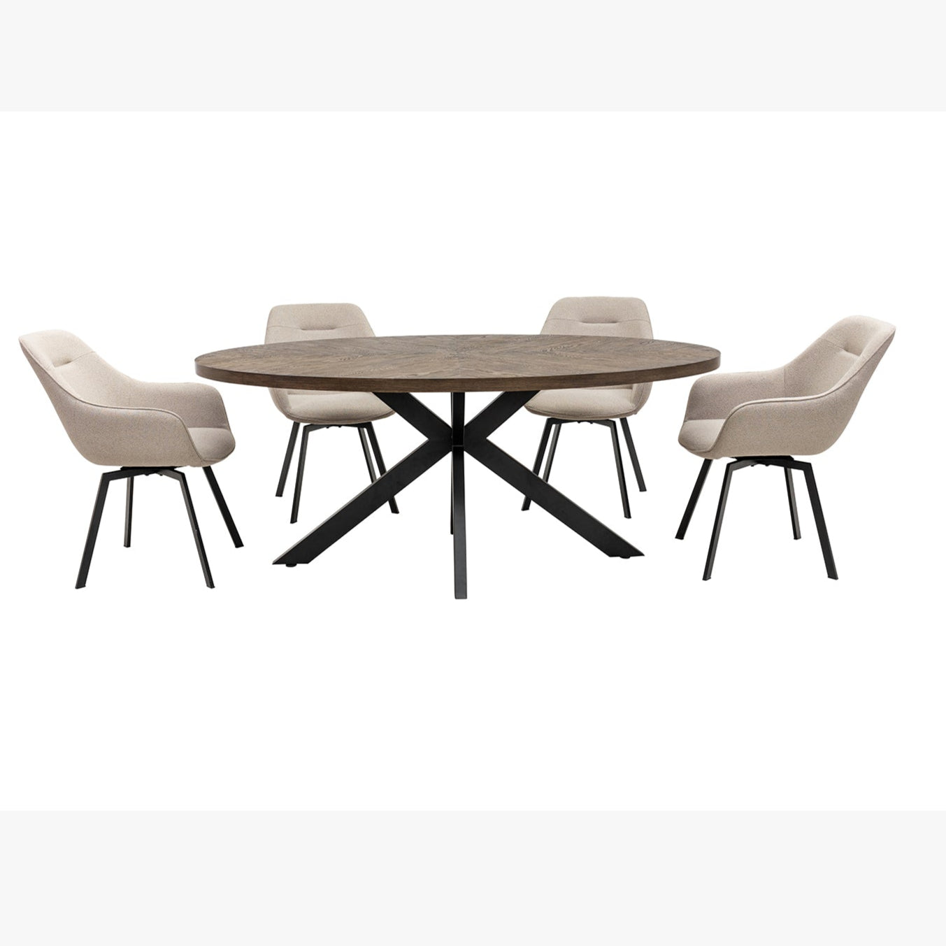 1.8m oval wood veneer table with black x-frame legs  