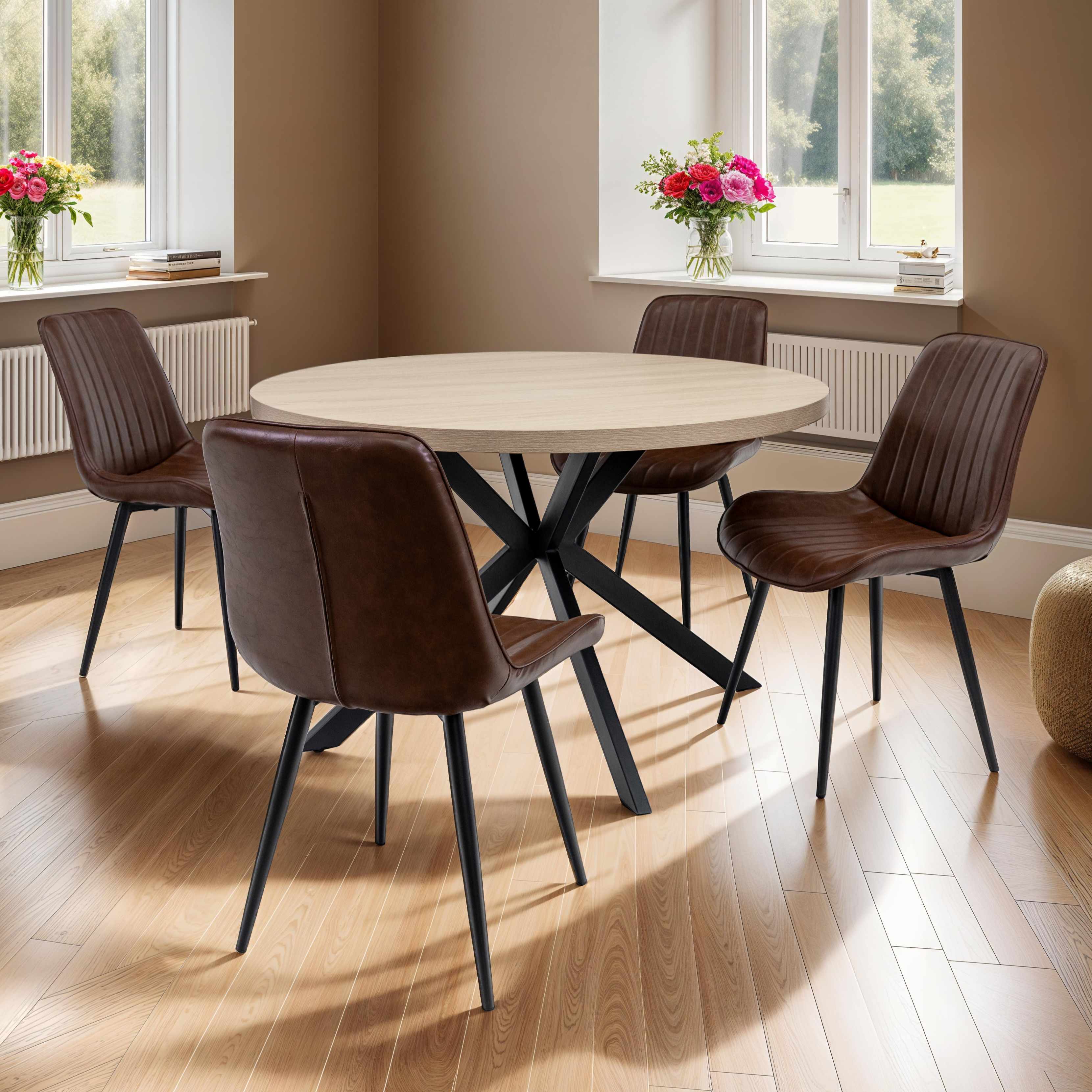 Jude round oak dining table with black X-frame base