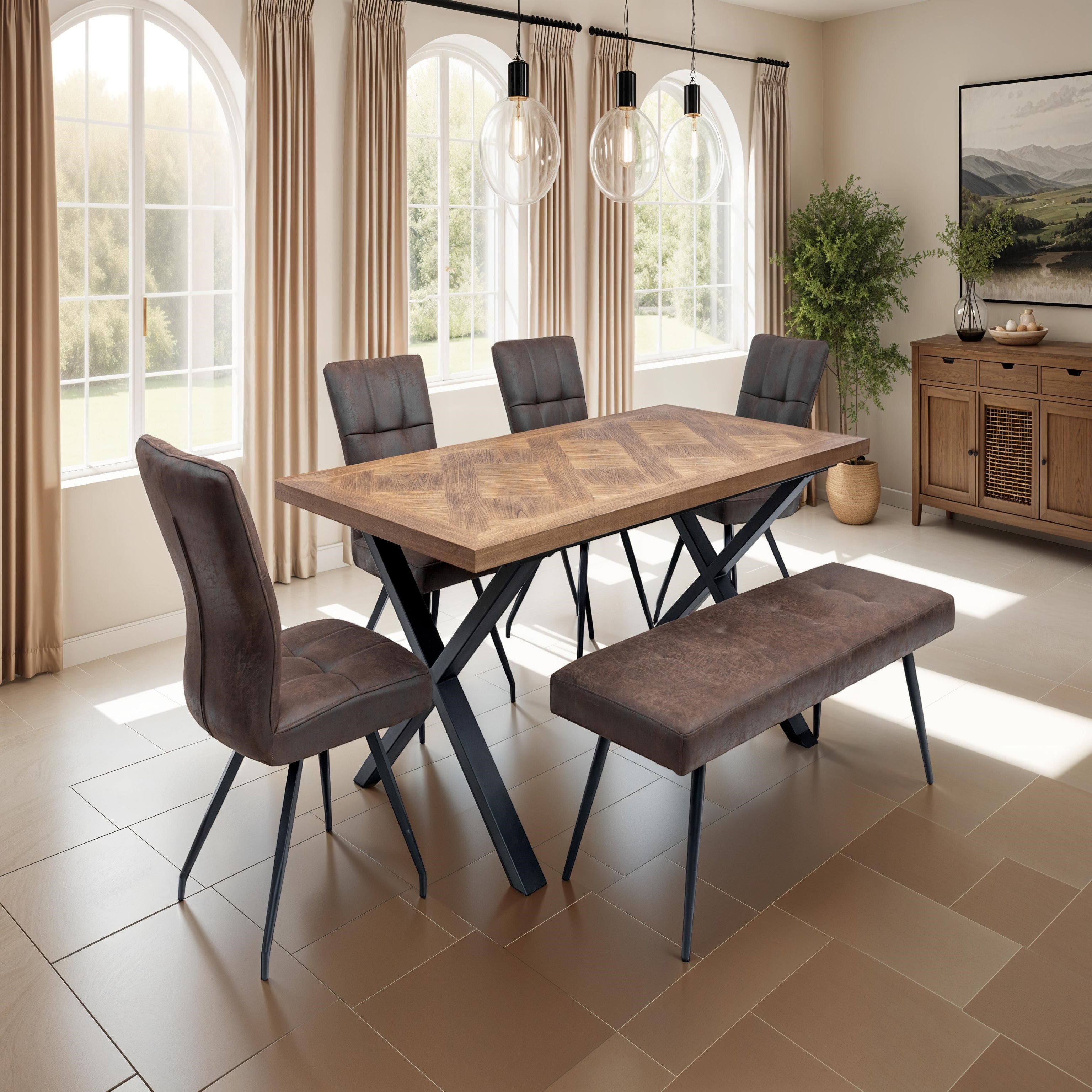 Lana medium elm veneer dining table with Chantilly pattern top