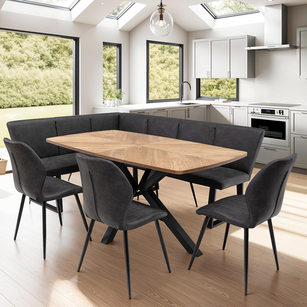  Symmetrical inlay design on Rory oak dining table
