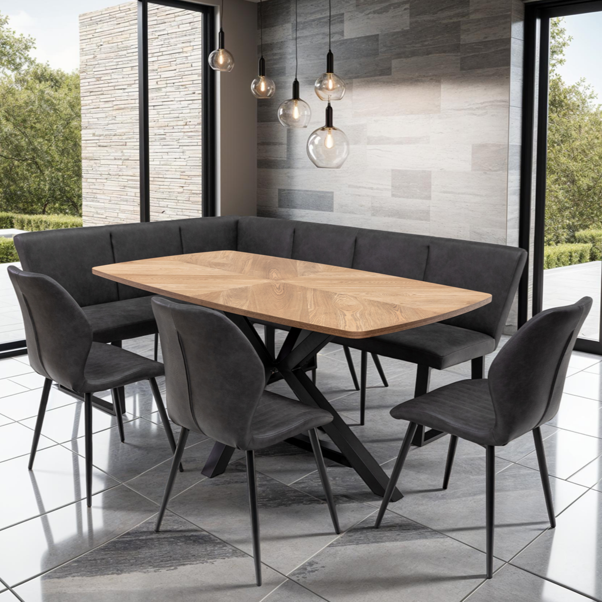  Symmetrical inlay design on Rory oak dining table
