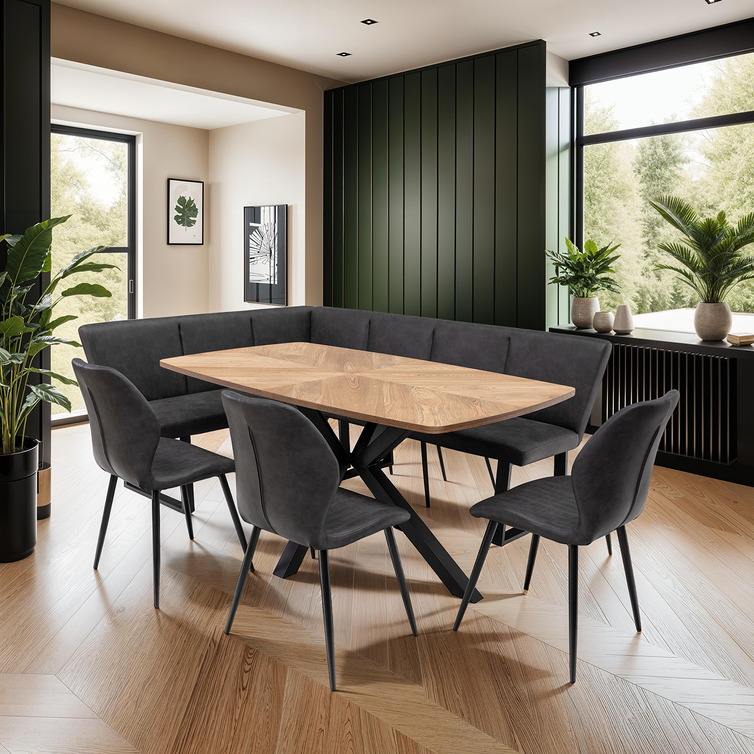  Symmetrical inlay design on Rory oak dining table