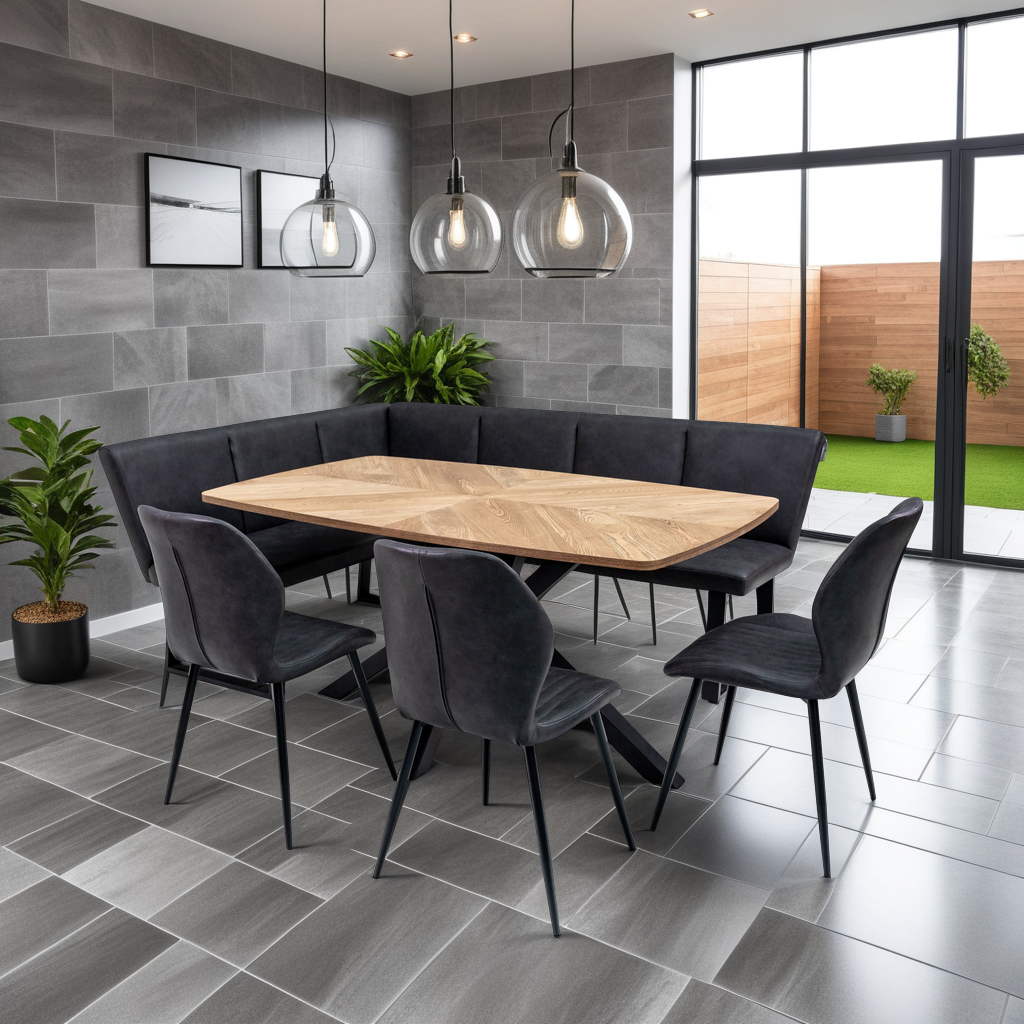  Symmetrical inlay design on Rory oak dining table