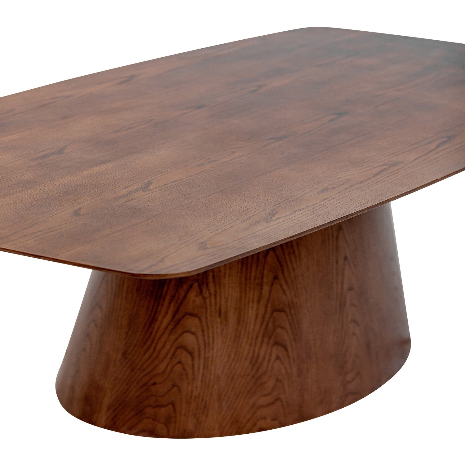 Zac chestnut oak veneer dining table with curved top and cylindrical base