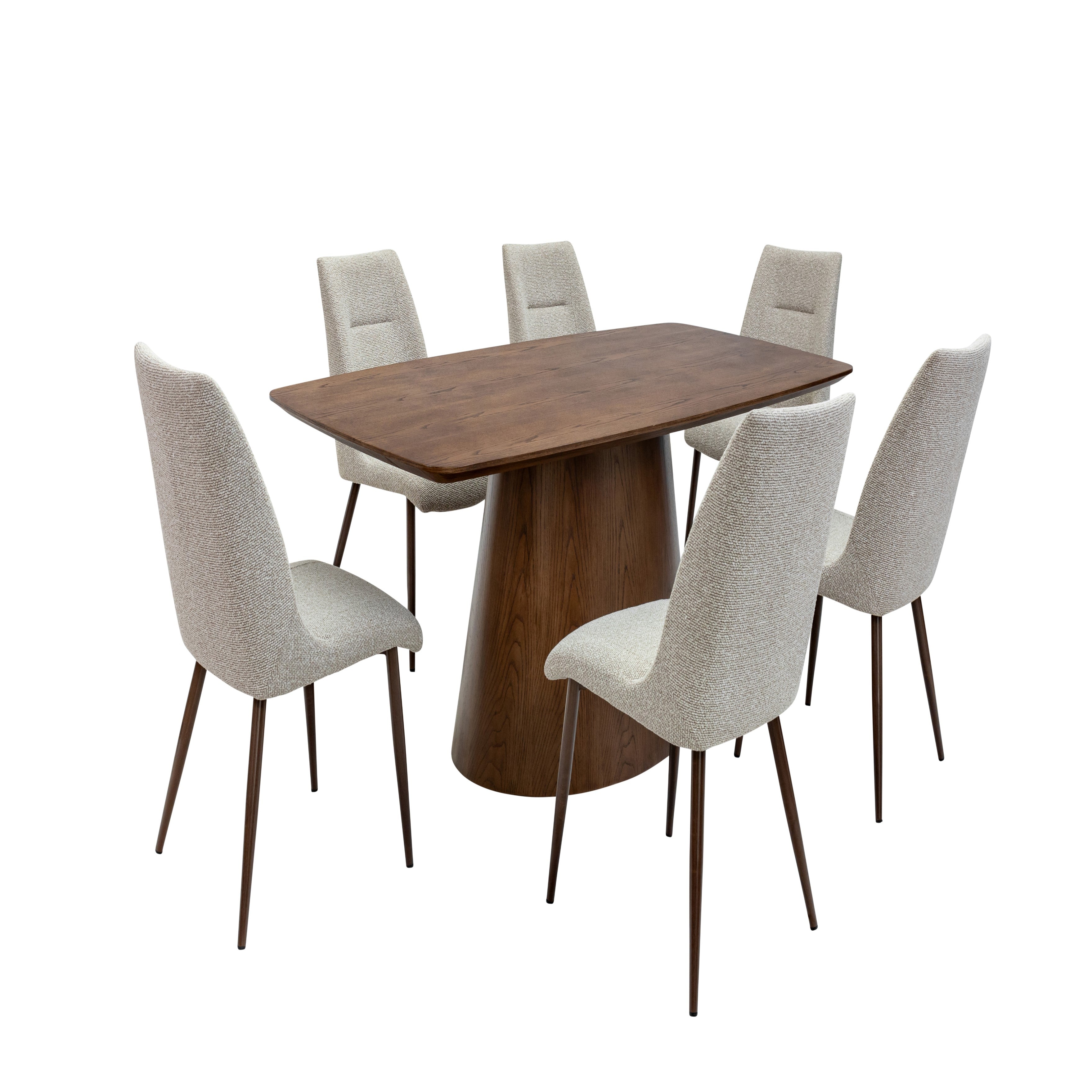 Zac chestnut oak veneer dining table with curved top and cylindrical base