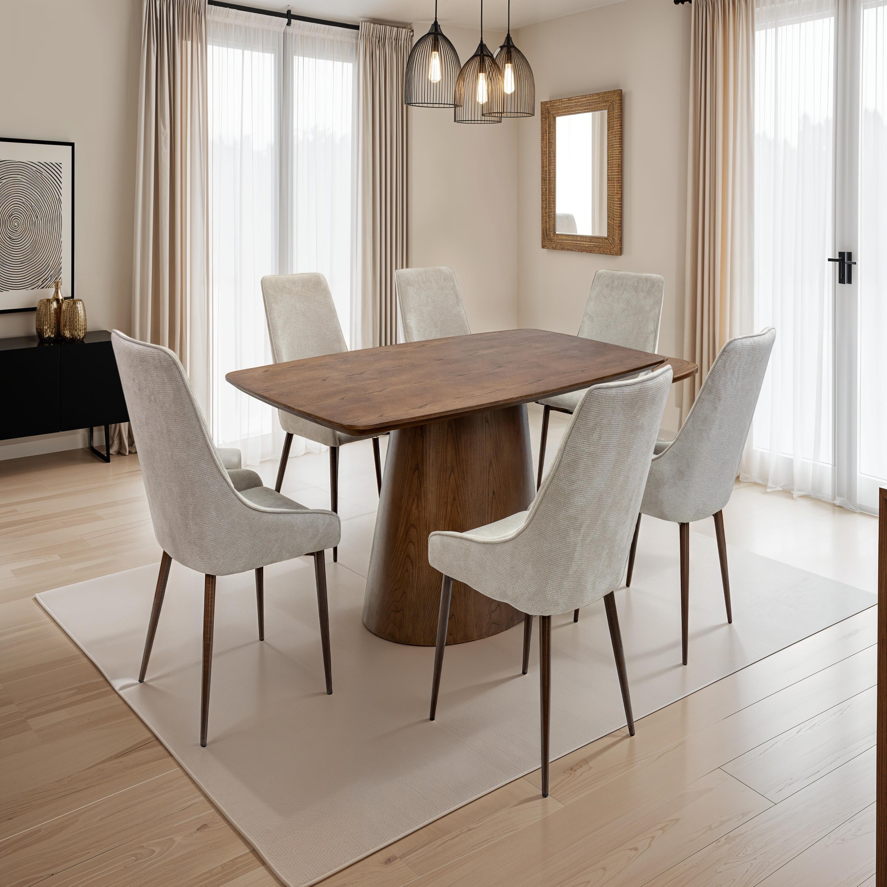 Zac chestnut oak veneer dining table with curved top and cylindrical base