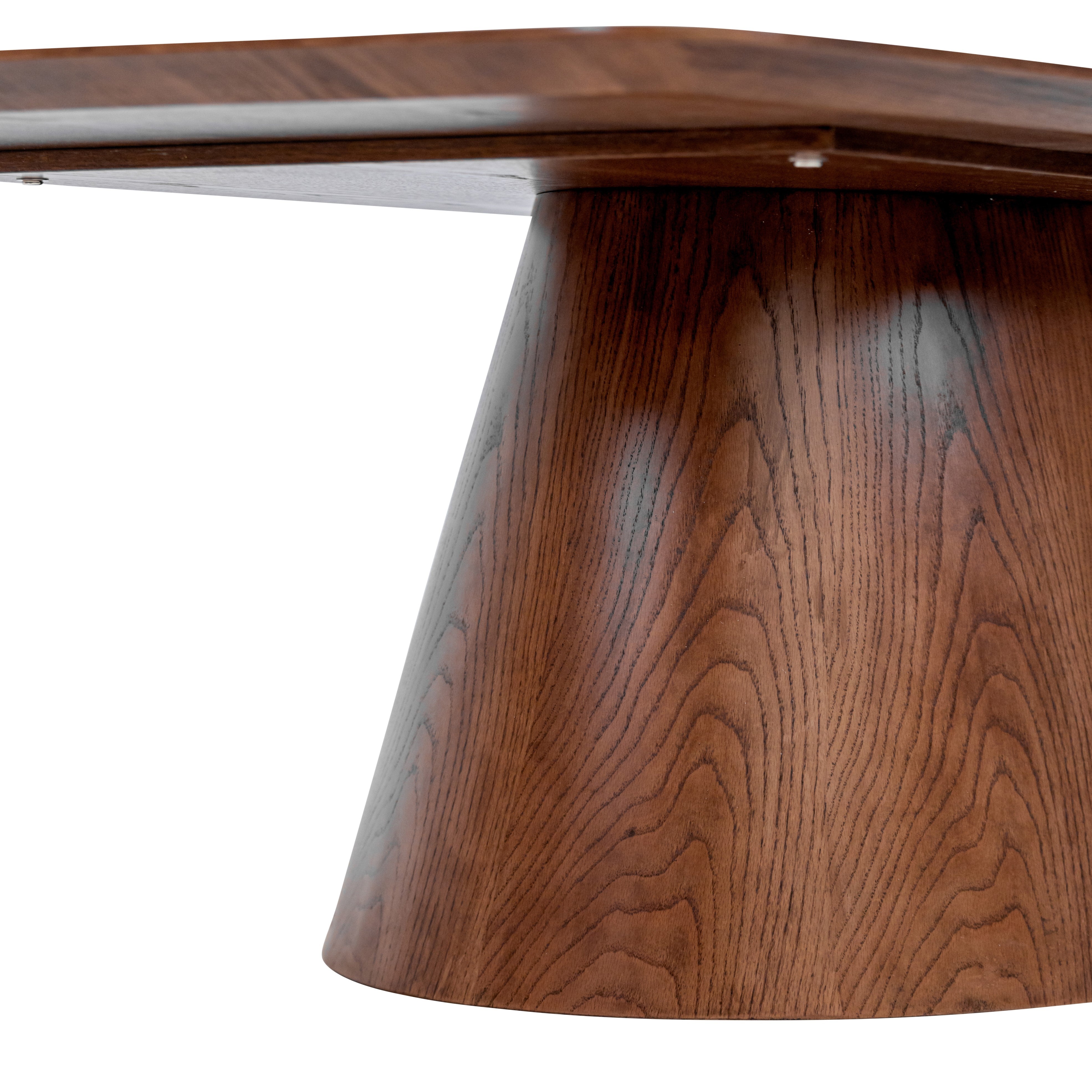 Zac chestnut oak veneer dining table with curved top and cylindrical base