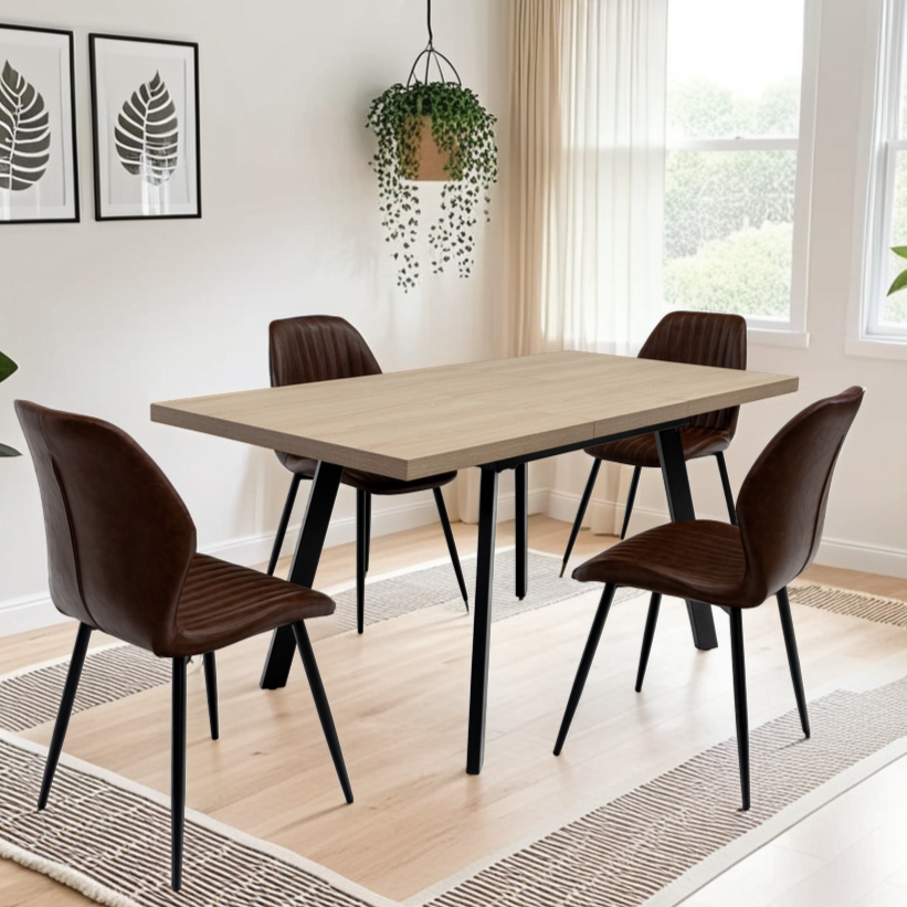Jude extending oak dining table with black powder-coated legs