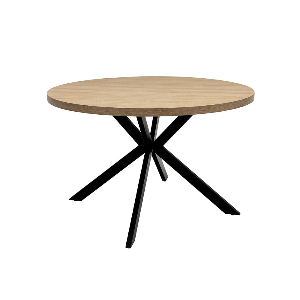 Jude round oak dining table with black X-frame base