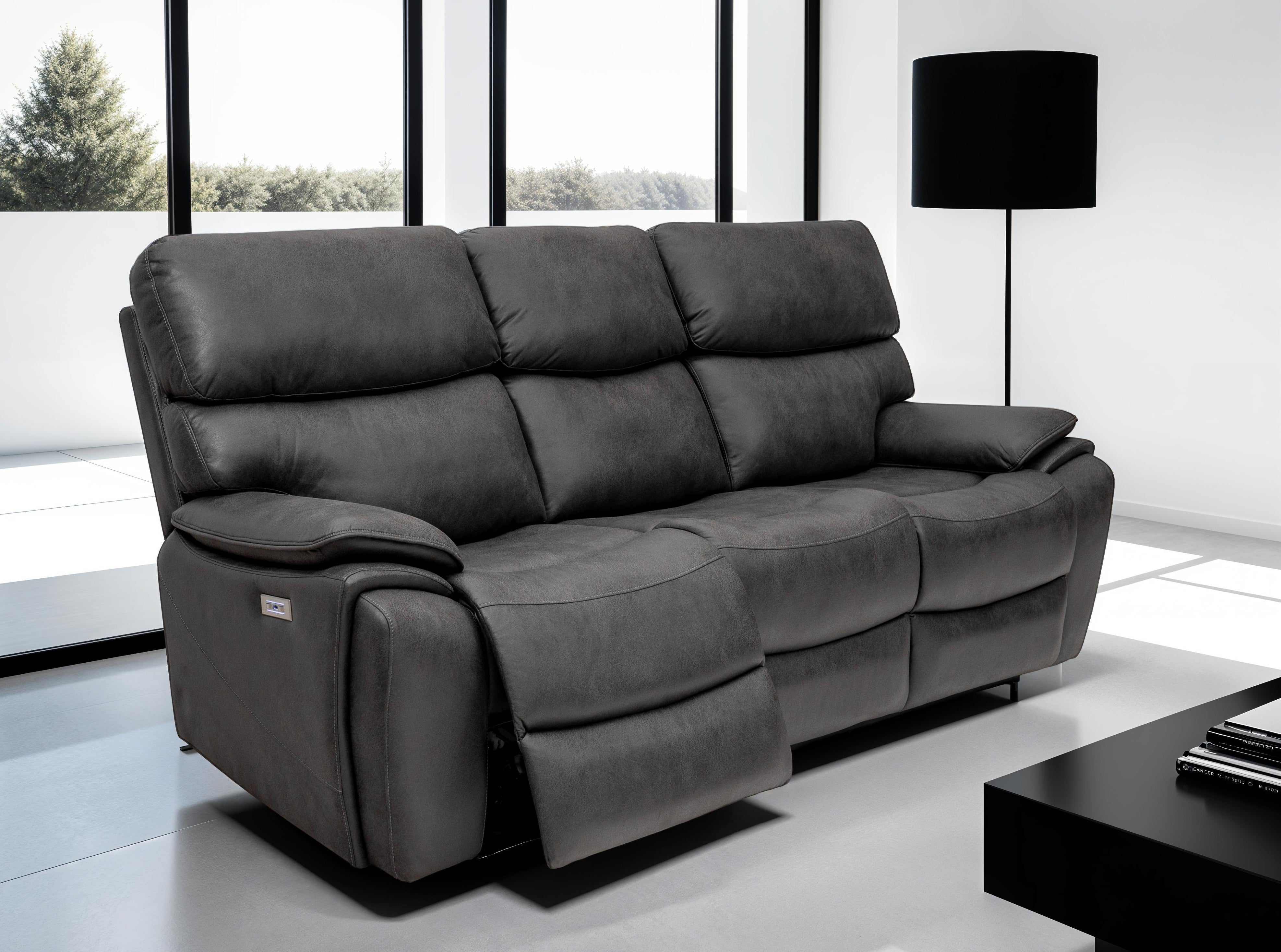 Levi 3 seater electric recliner sofa in charcoal plush fabric