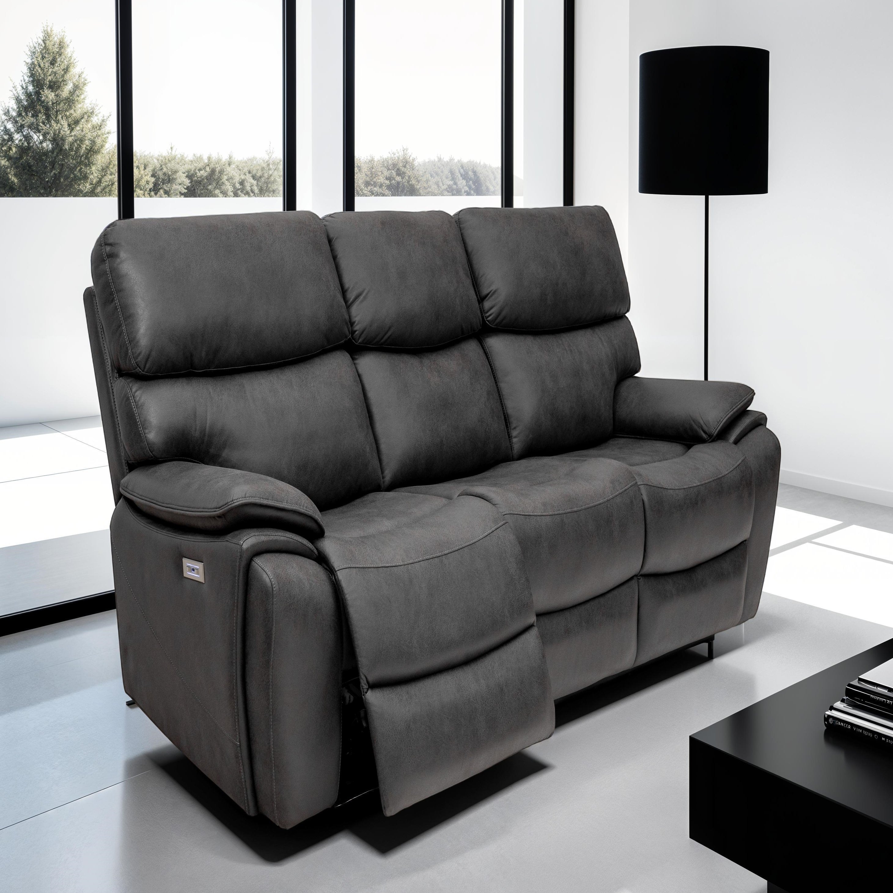 Levi 3 seater electric recliner sofa in charcoal plush fabric