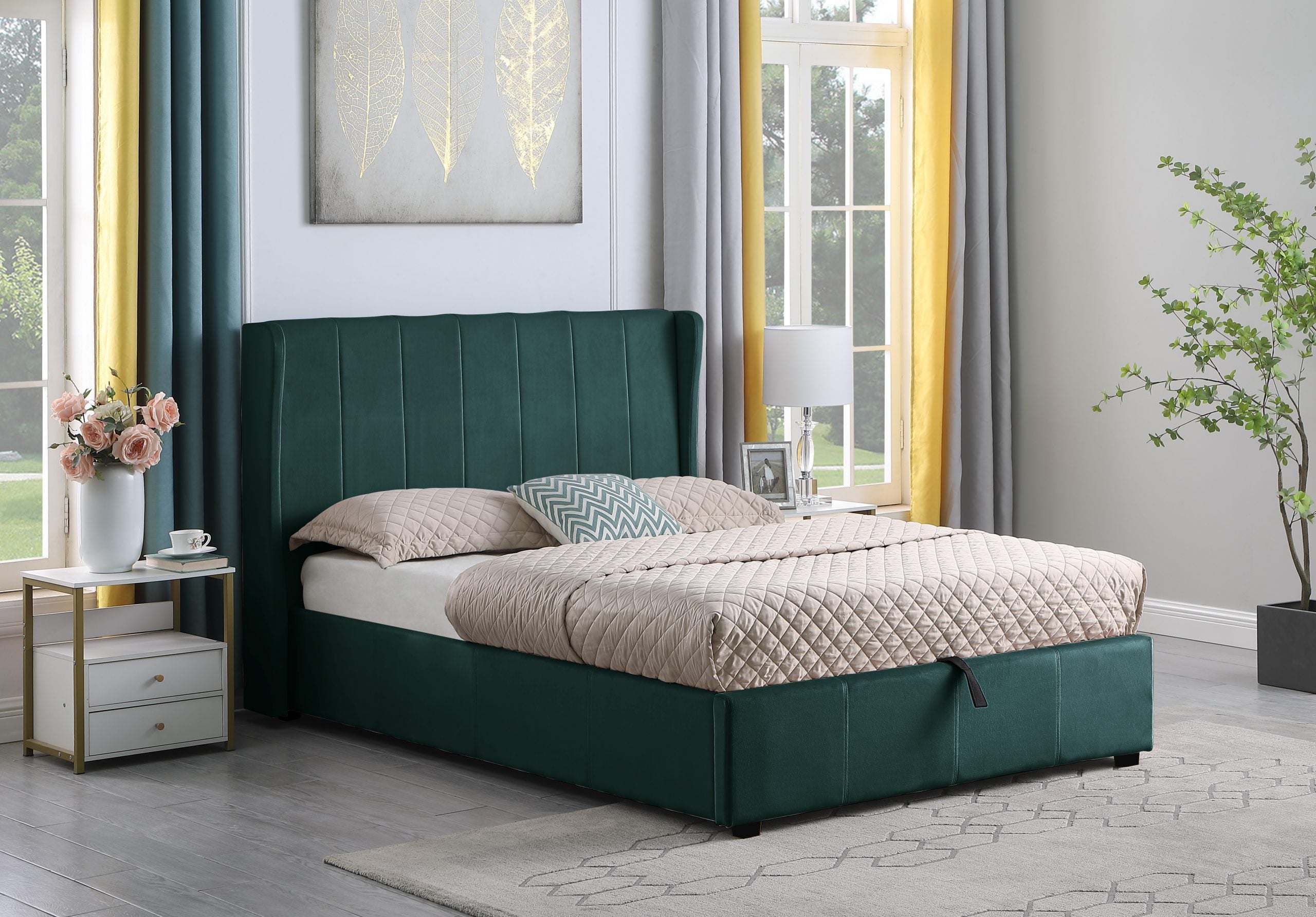 Amelia Plus 4'6" Storage Bed Green Velvet Fabric