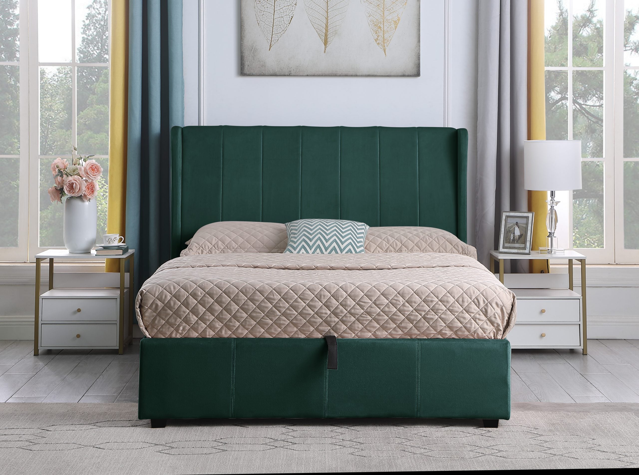 Amelia Plus 4'6" Storage Bed Green Velvet Fabric