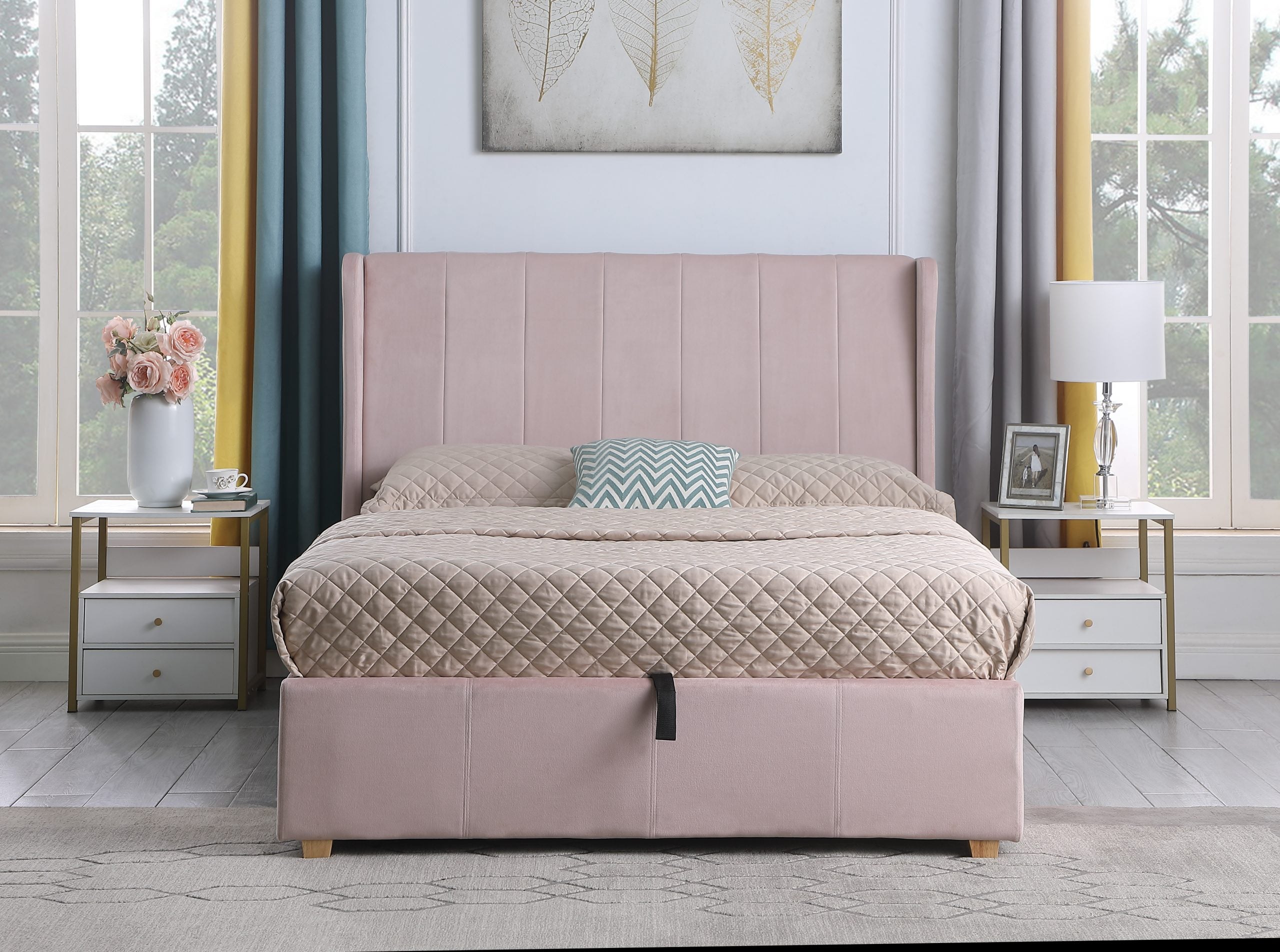 Amelia Plus 4'6" Storage Bed Pink Velvet Fabric