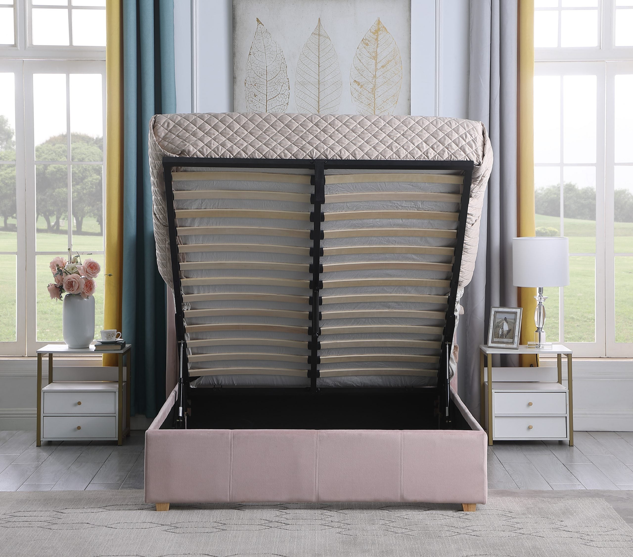 Amelia Plus 4'6" Storage Bed Pink Velvet Fabric