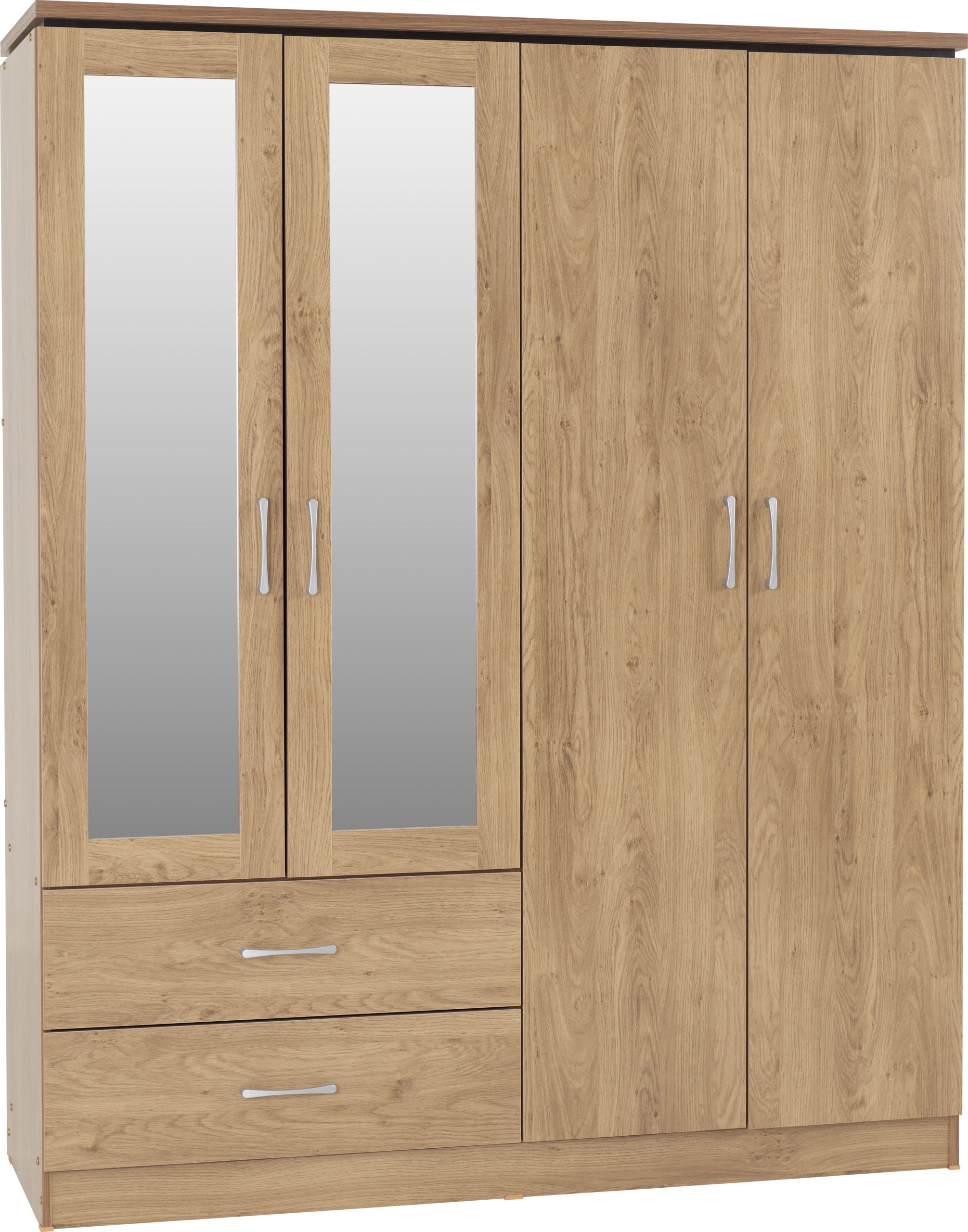 4 Door 2 Drawer Mirrored Wardrobe Oak Effect Veneer with Walnut Trim