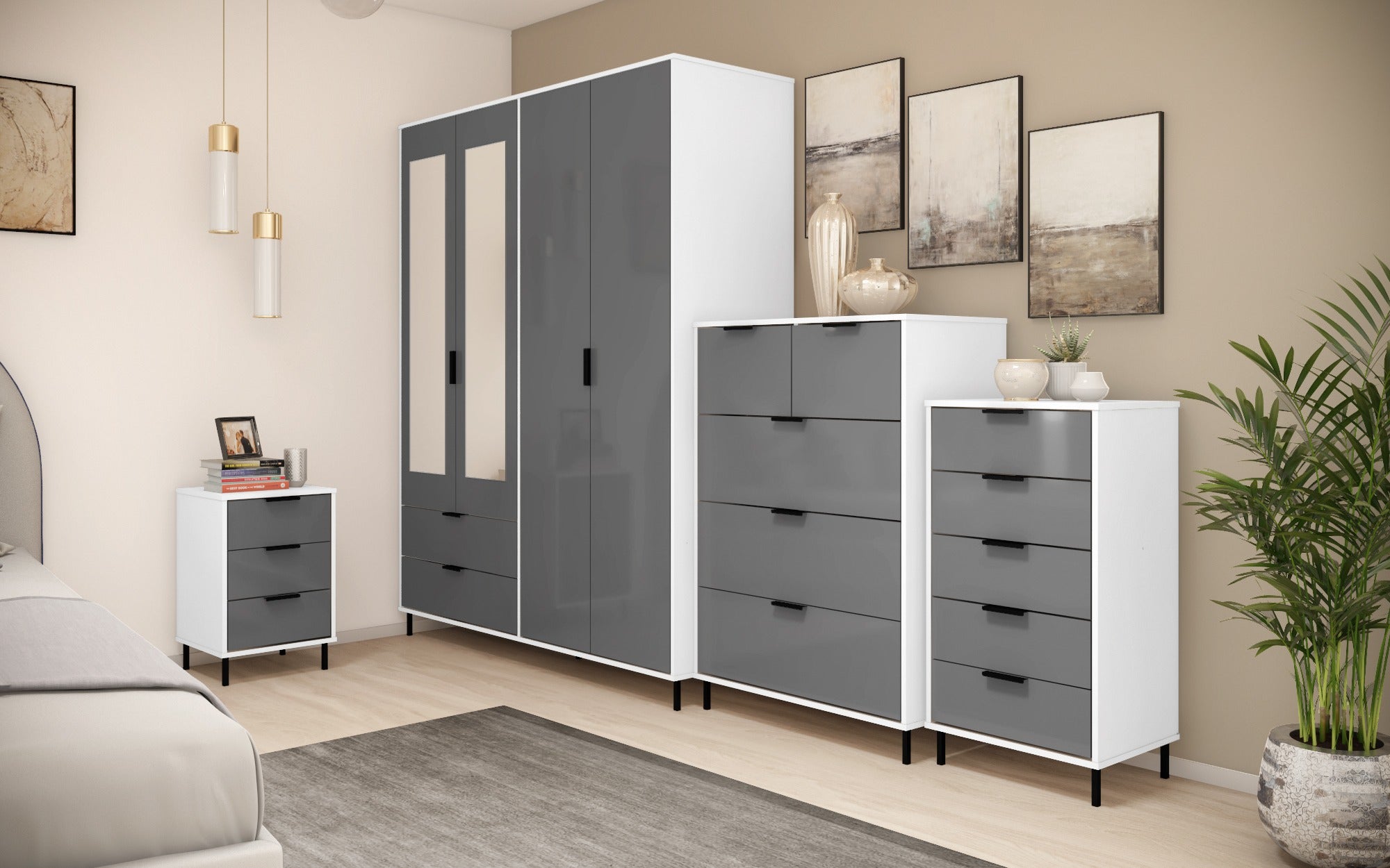 grey wardrobe with mirror and drawers
