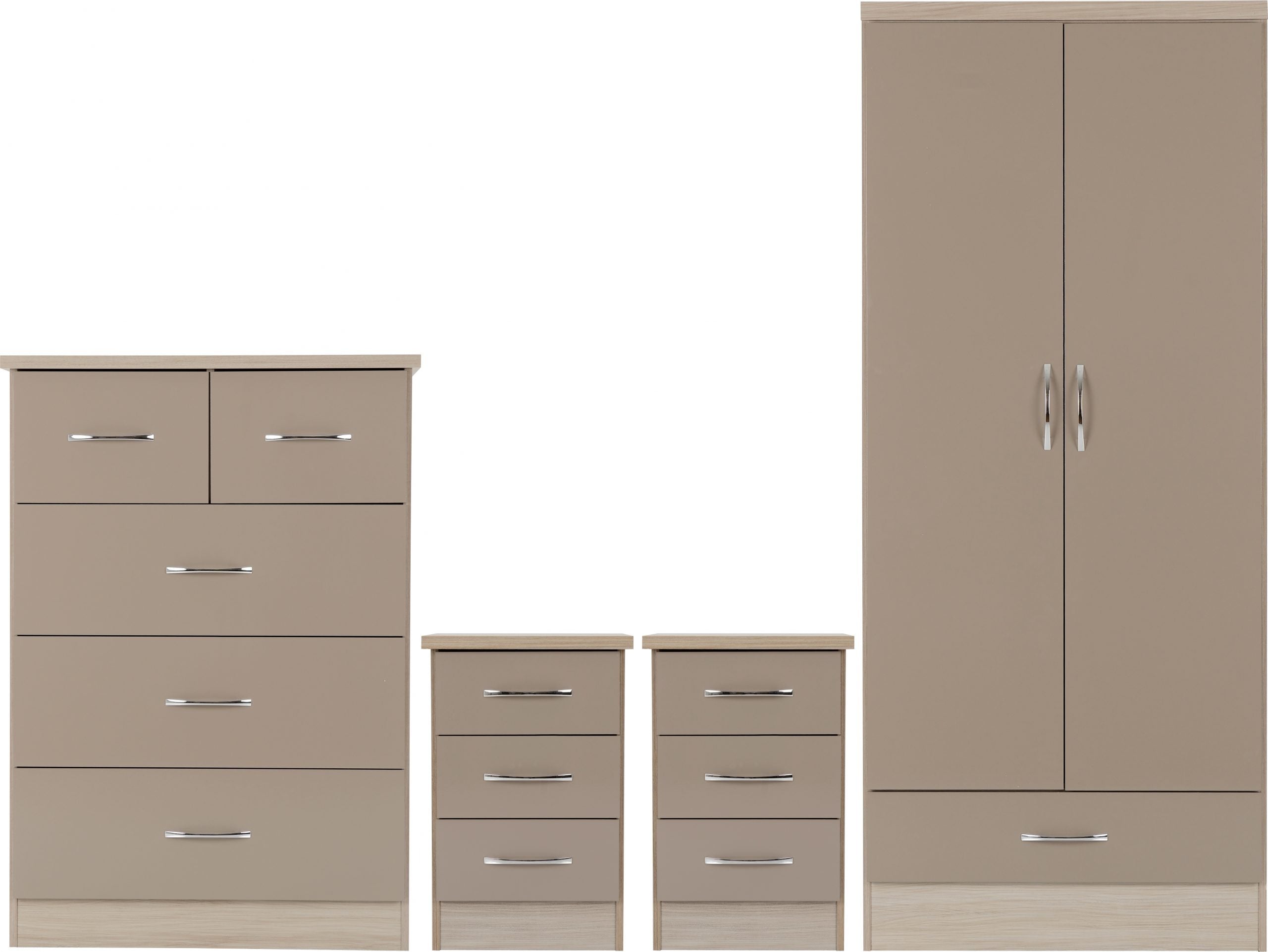 2 Door 1 Drawer Wardrobe Bedroom Set Oyster Gloss/Light Oak Effect Veneer