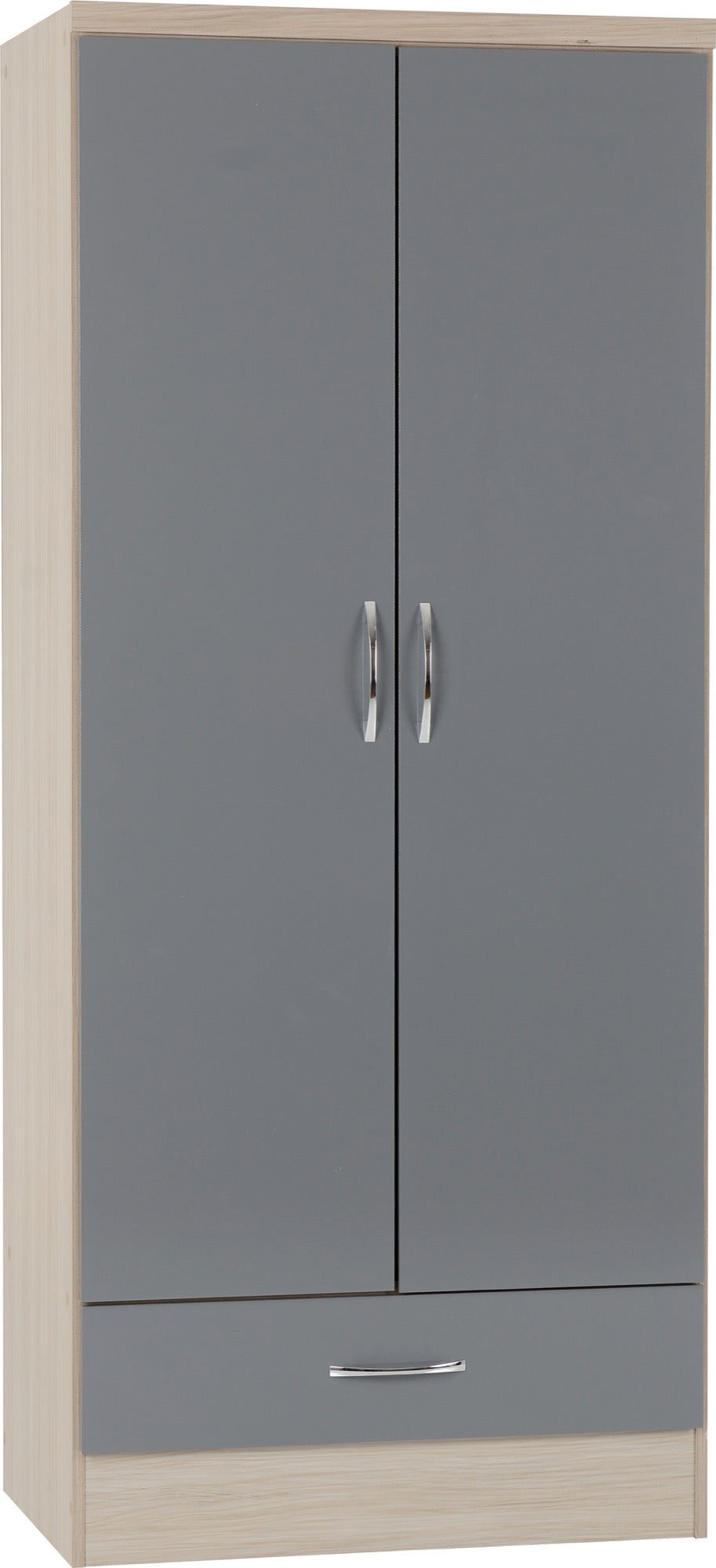 2 Door 1 Drawer Wardrobe Grey Gloss/Light Oak Effect Veneer