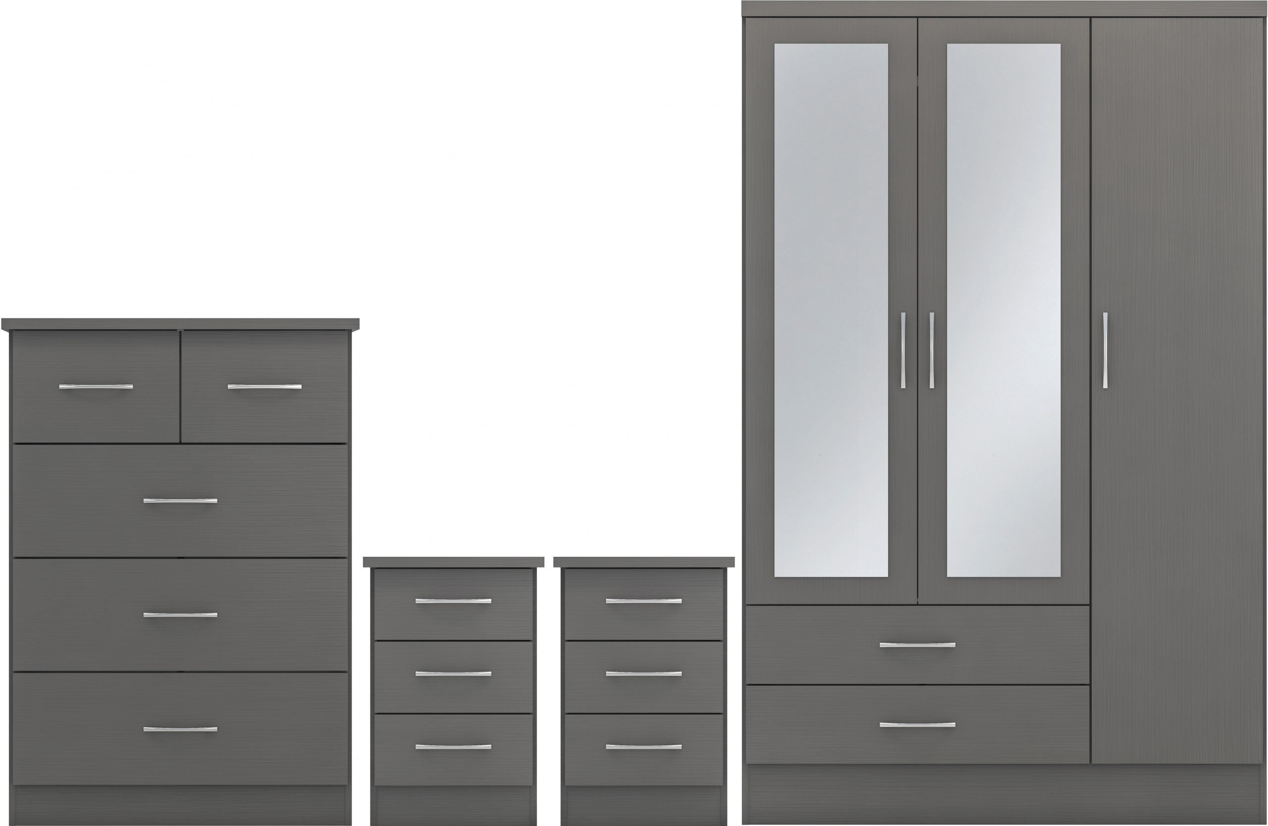 3 Door 2 Drawer Mirrored Wardrobe Bedroom Set 3D Effect Grey