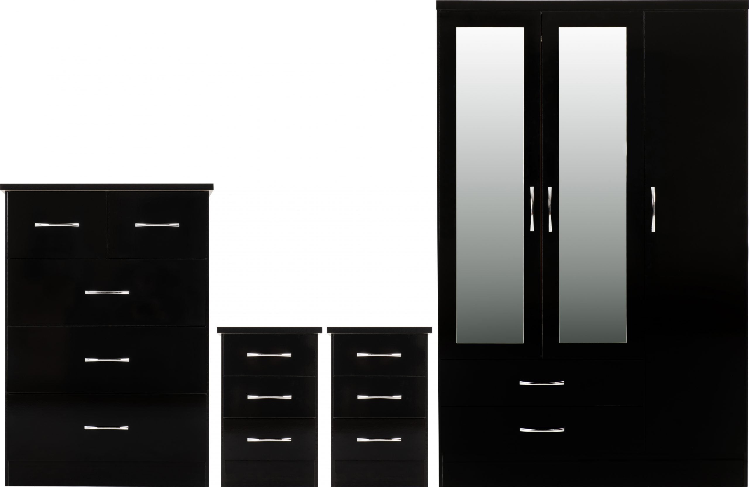 3 Door 2 Drawer Mirrored Wardrobe Bedroom Set Black Gloss