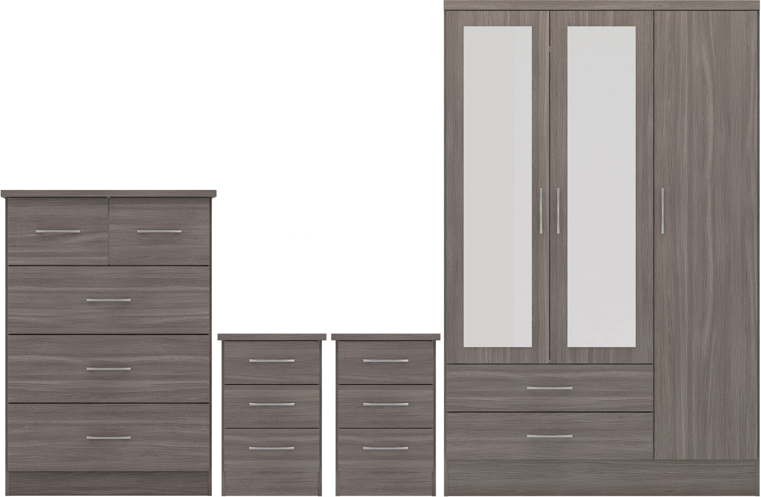 Nevada 3 Door 2 Drawer Mirrored Wardrobe Bedroom Set Black Wood Grain