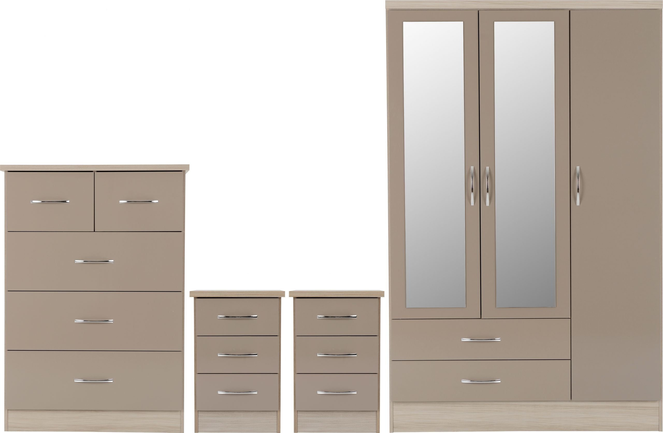 Nevada 3 Door 2 Drawer Mirrored Wardrobe Bedroom Set Oyster Gloss/Light Oak Effect Veneer
