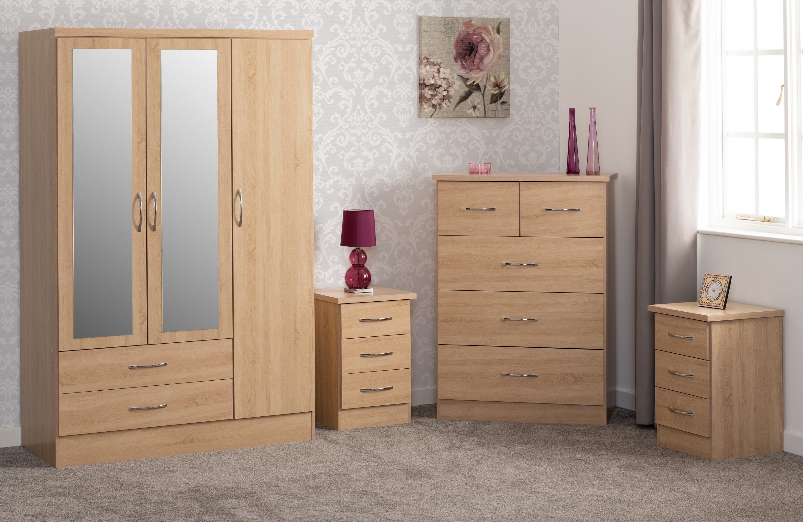 Nevada 3 Door 2 Drawer Mirrored Wardrobe Bedroom Set Sonoma Oak Effect