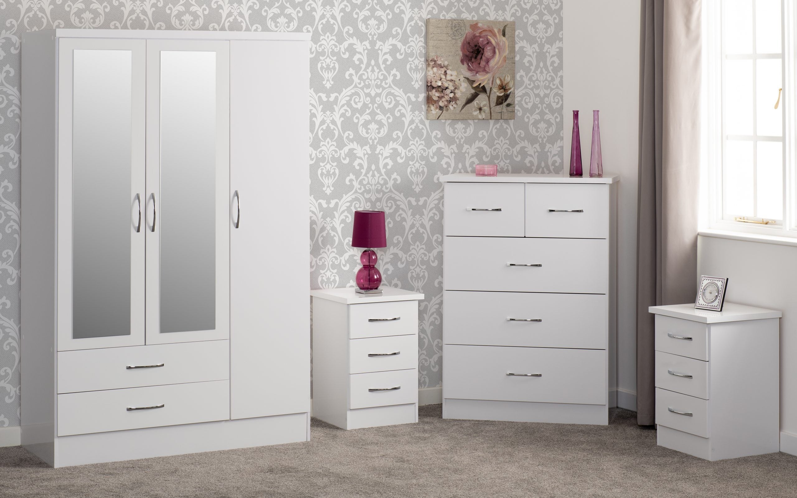 Nevada 3 Door 2 Drawer Mirrored Wardrobe Bedroom Set White Gloss