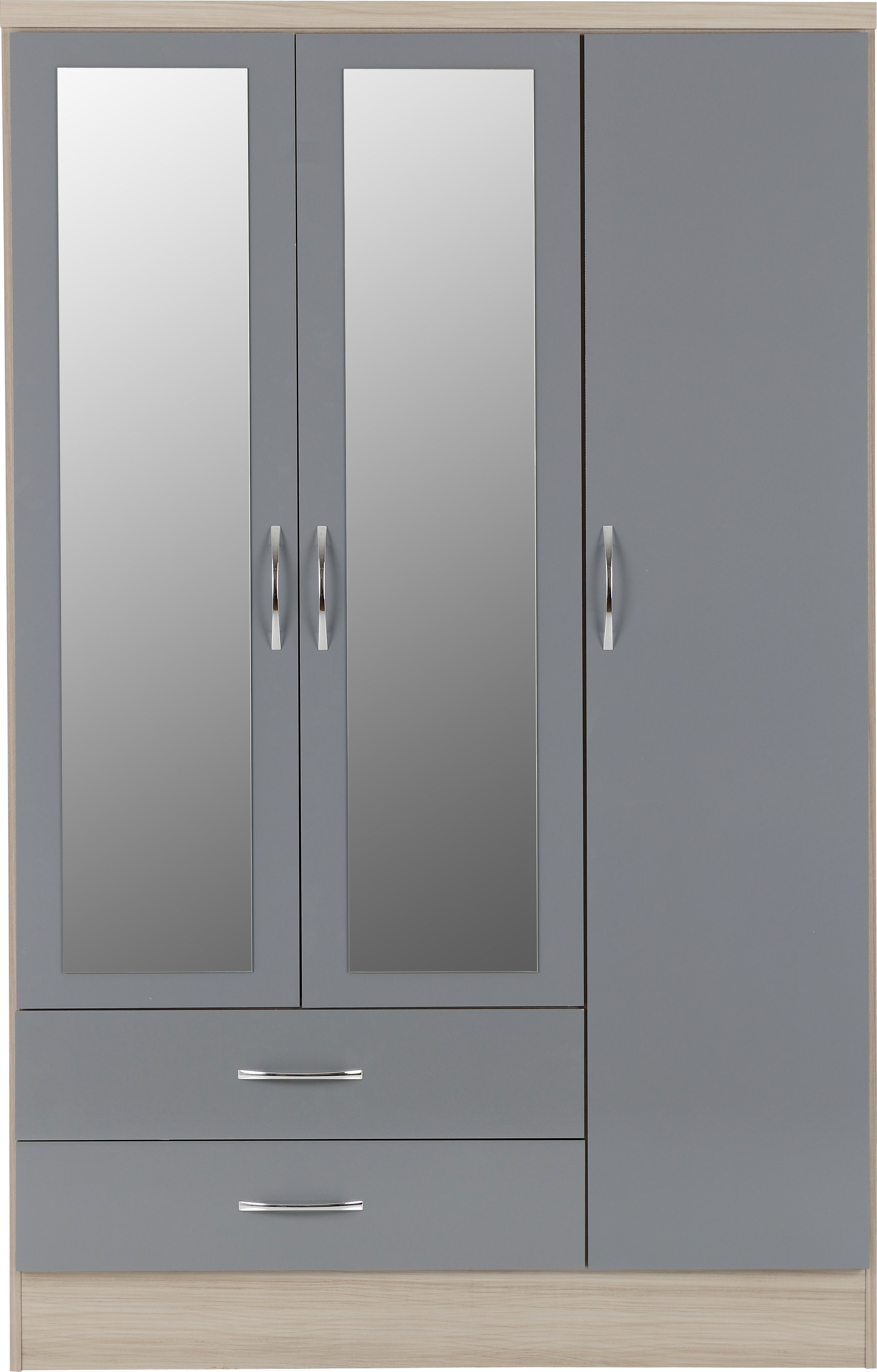 Nevada 3 Door 2 Drawer Mirrored Wardrobe Grey Gloss/Light Oak Effect Veneer