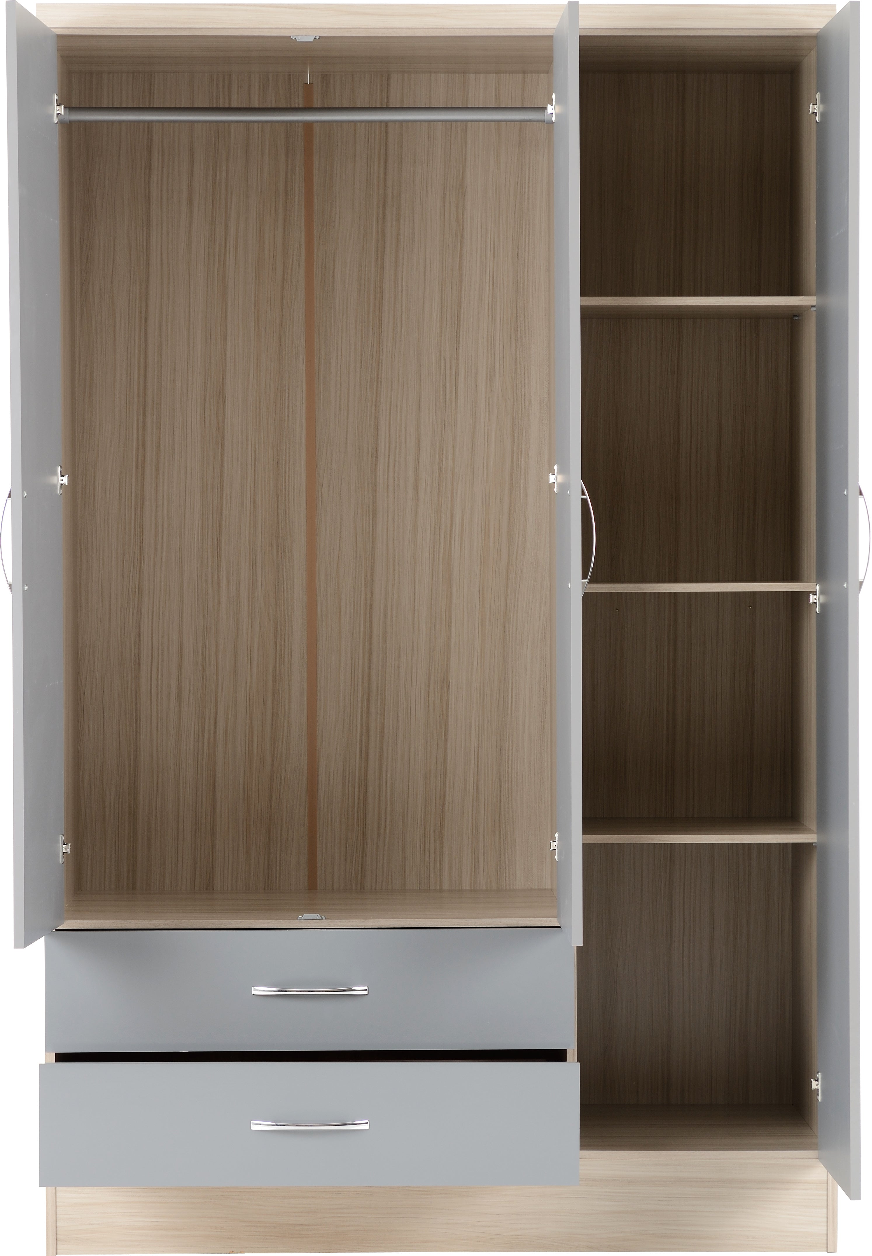 Nevada 3 Door 2 Drawer Mirrored Wardrobe Grey Gloss/Light Oak Effect Veneer