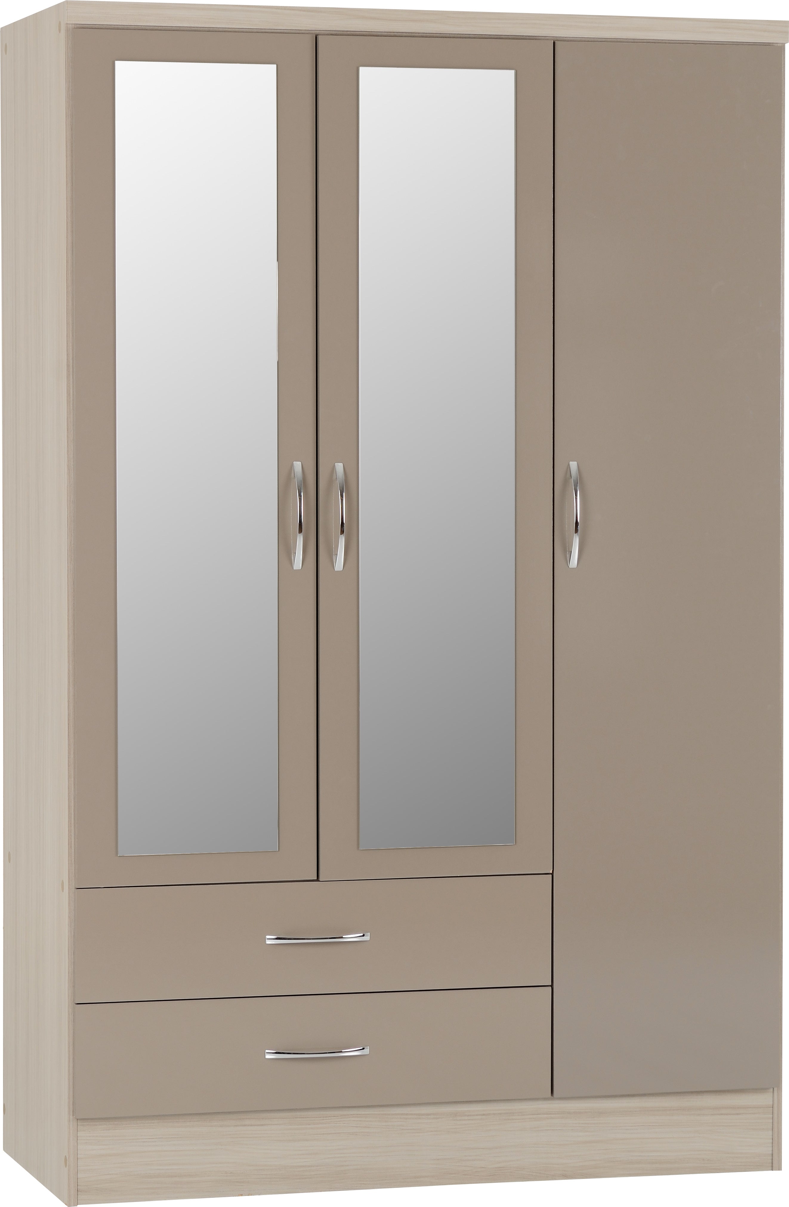 Nevada 3 Door 2 Drawer Mirrored Wardrobe Oyster Gloss/Light Oak Effect Veneer