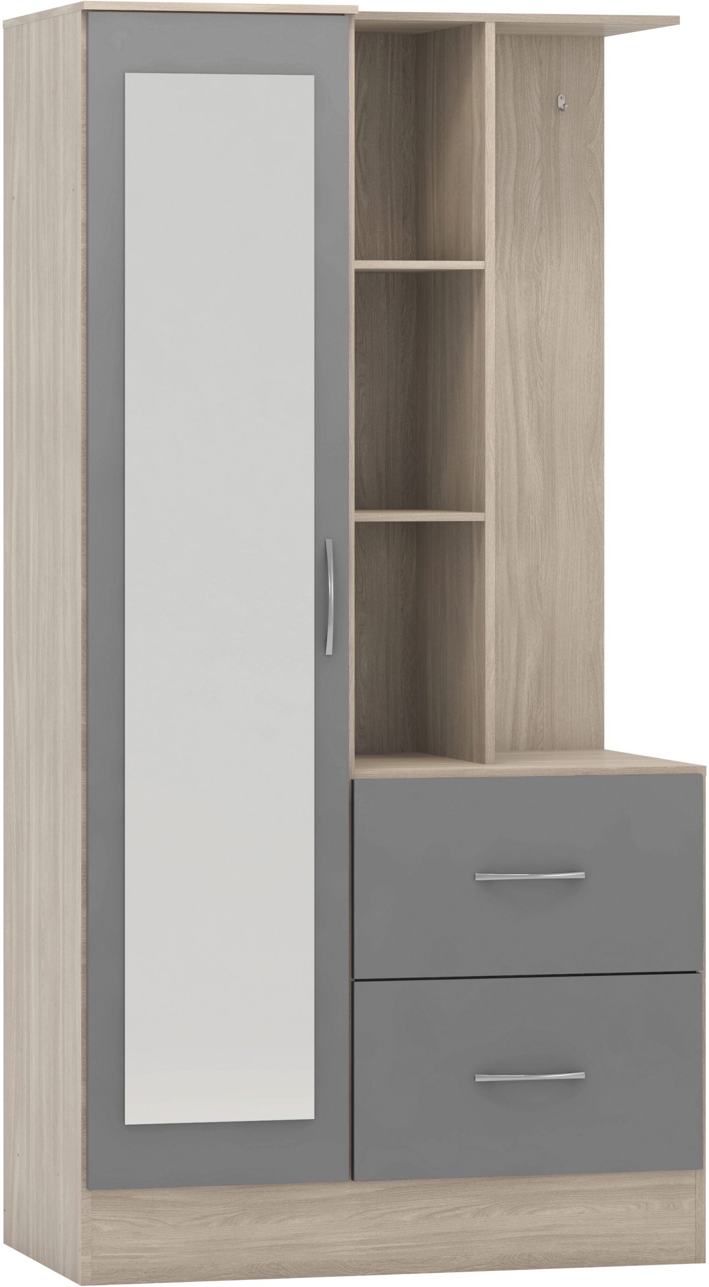 Nevada Mirrored Open Shelf Wardrobe Grey Gloss/Light Oak Effect Veneer