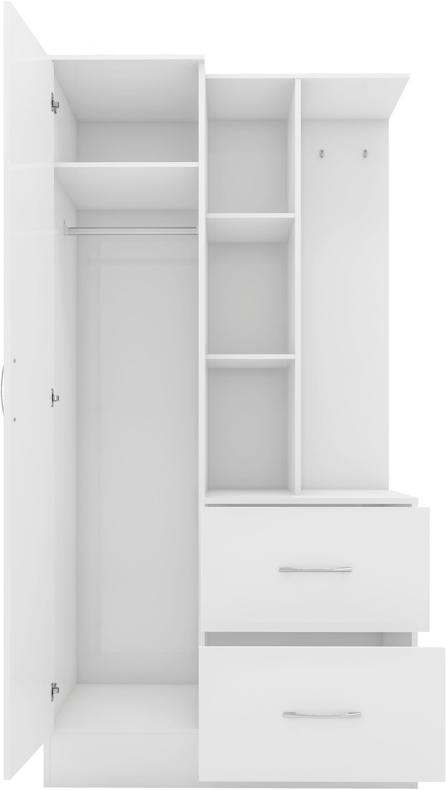 open wardrobe with drawers and shelves