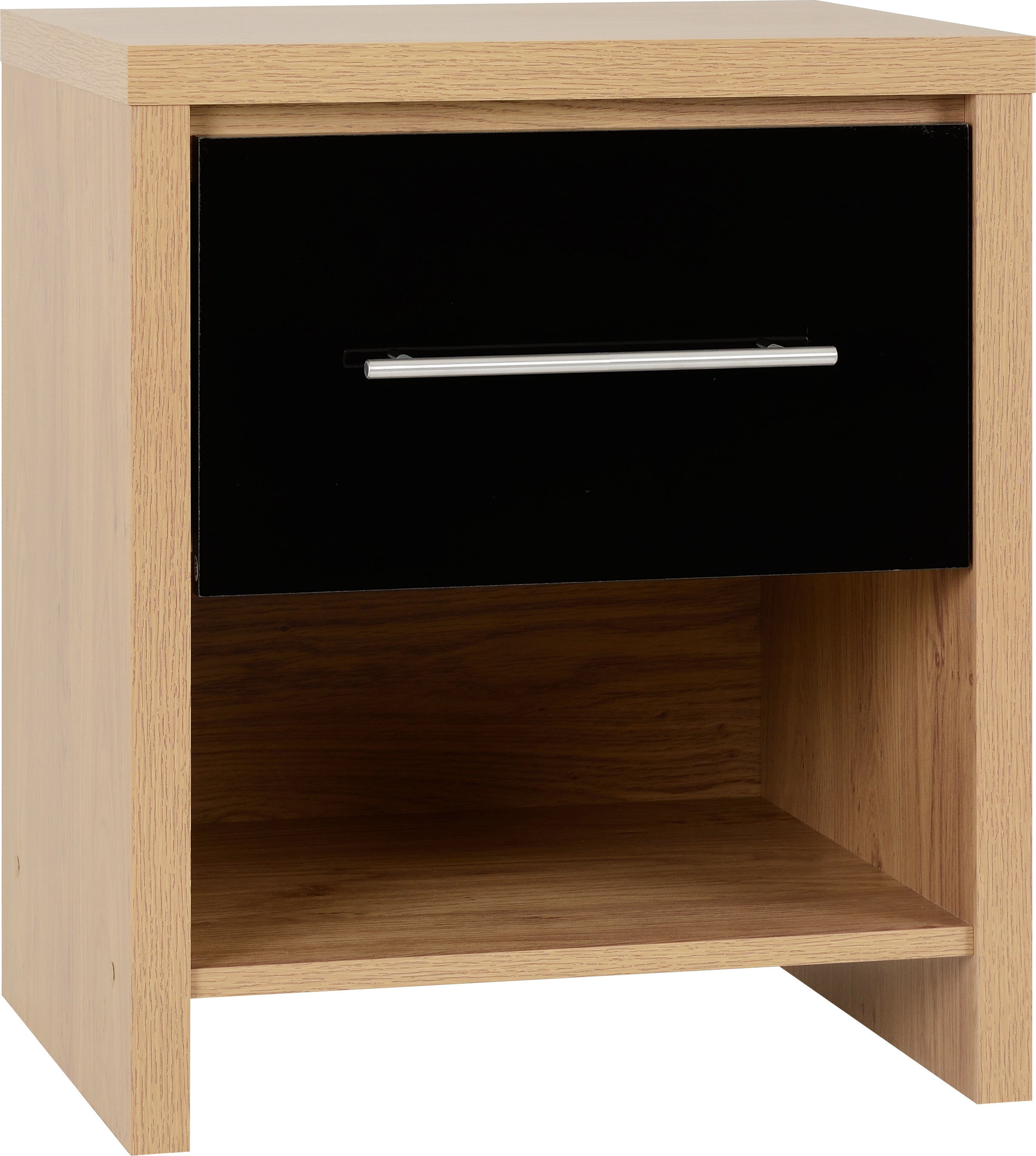 Seville 1 Drawer Bedside Cabinet Black High Gloss/Light Oak Effect Veneer