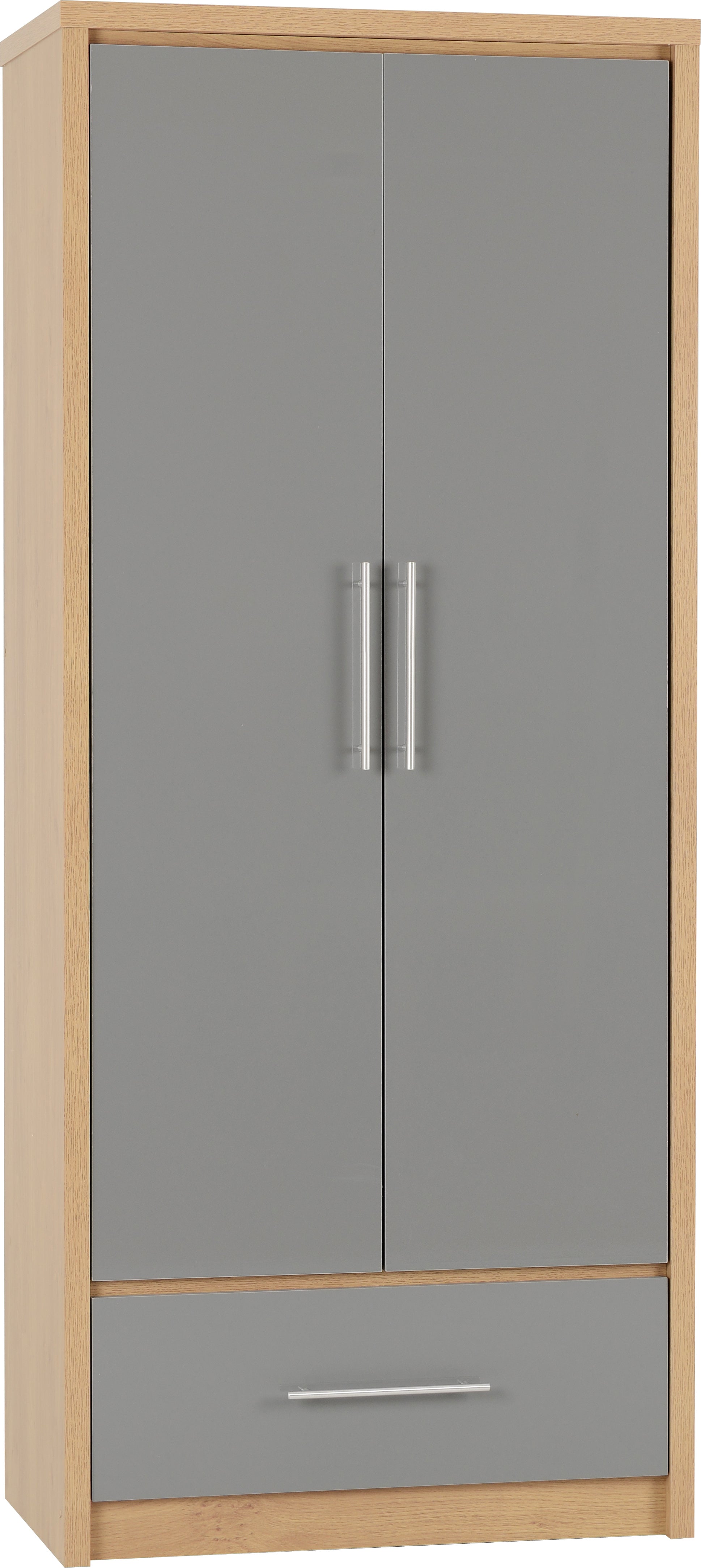 Seville 2 Door 1 Drawer Wardrobe Grey High Gloss/Light Oak Effect Veneer