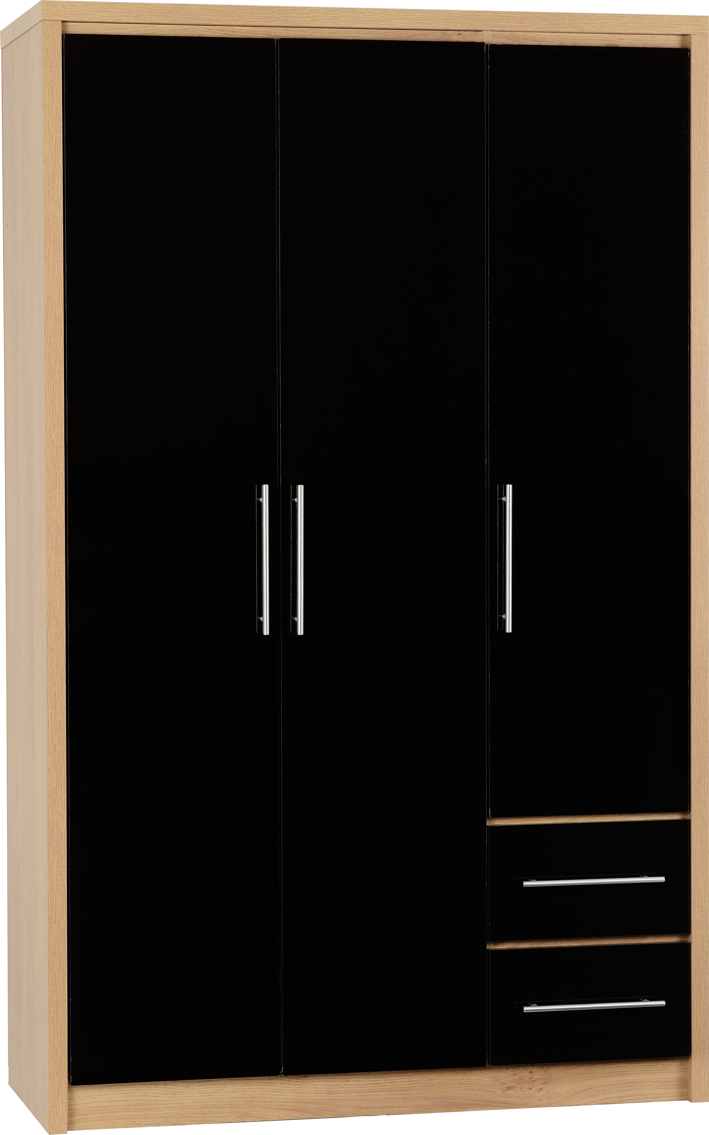 Seville 3 Door 2 Drawer Wardrobe Black High Gloss/Light Oak Effect Veneer
