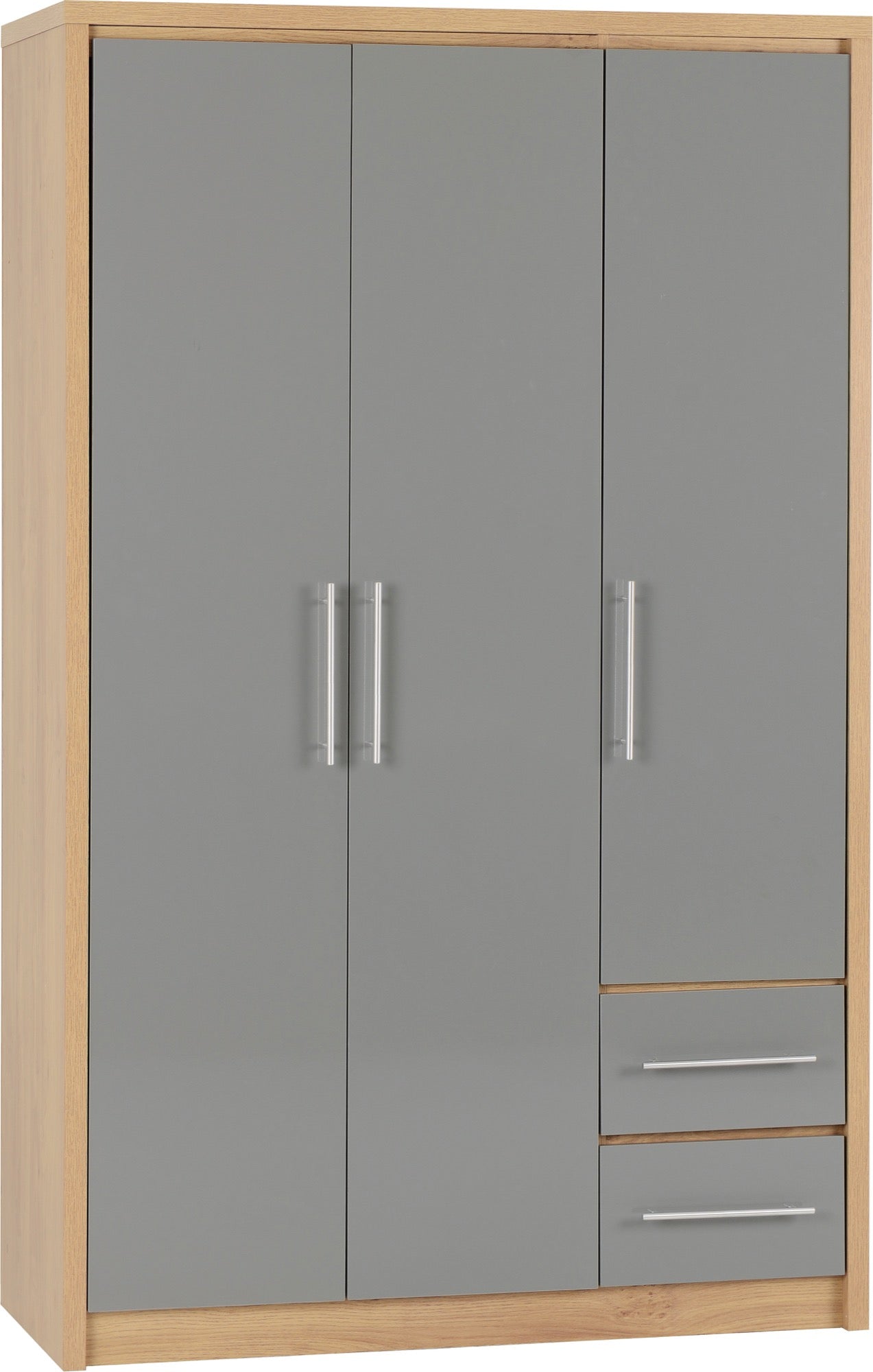 Seville 3 Door 2 Drawer Wardrobe Grey High Gloss/Light Oak Effect Veneer