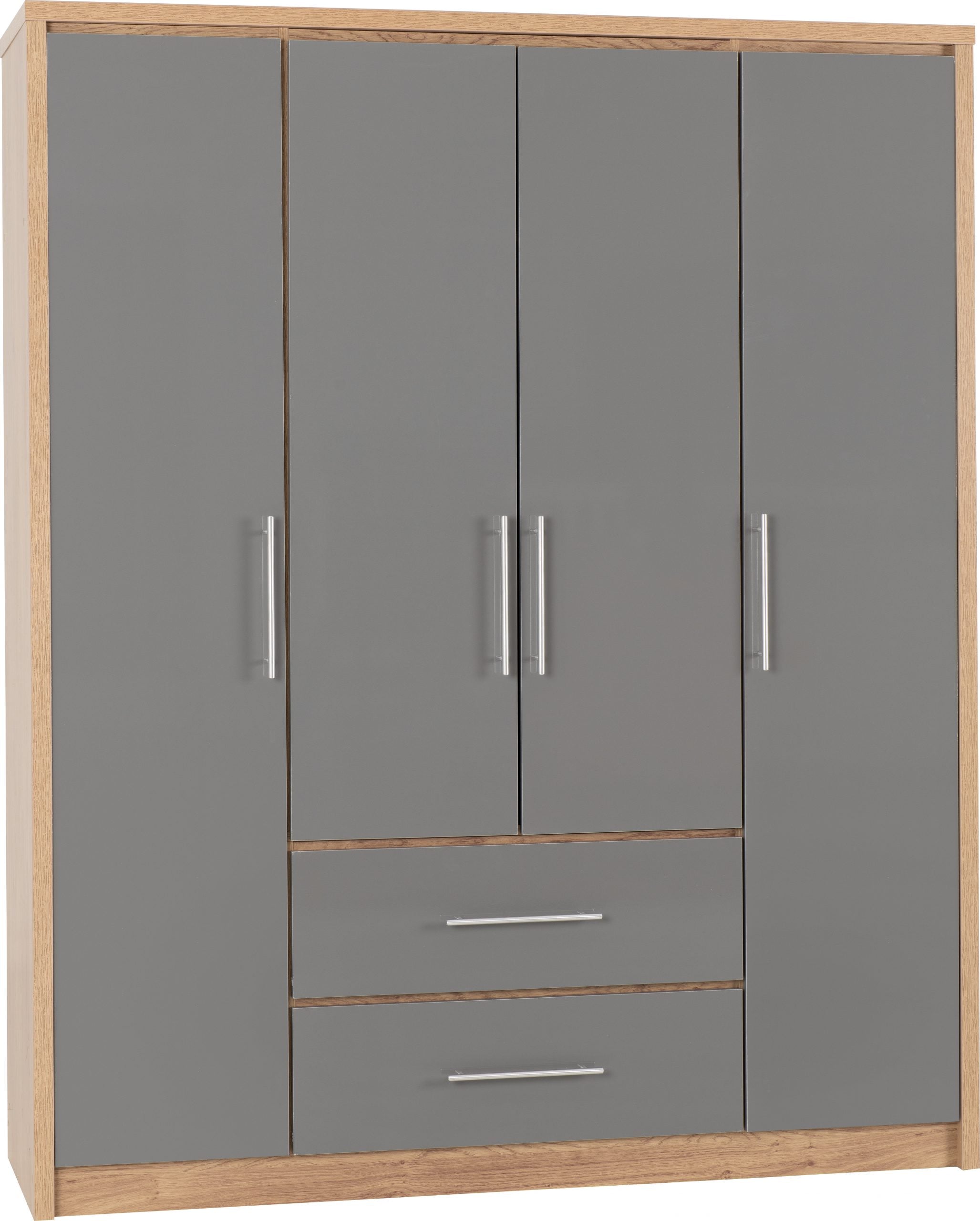 Seville 4 Door 2 Drawer Wardrobe Grey High Gloss/Light Oak Effect Venee